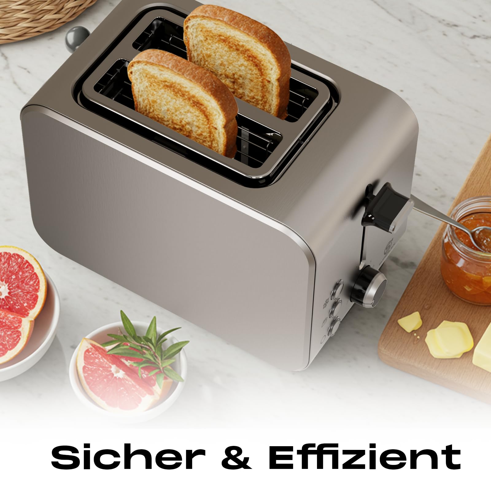 Tostapane a 2 fette da 850 W, in acciaio inox, doppia fessura, con 7 livelli di tostatura, scongelamento, riscaldamento e stop, espulsione automatica per panini e cassetto briciole, compatto