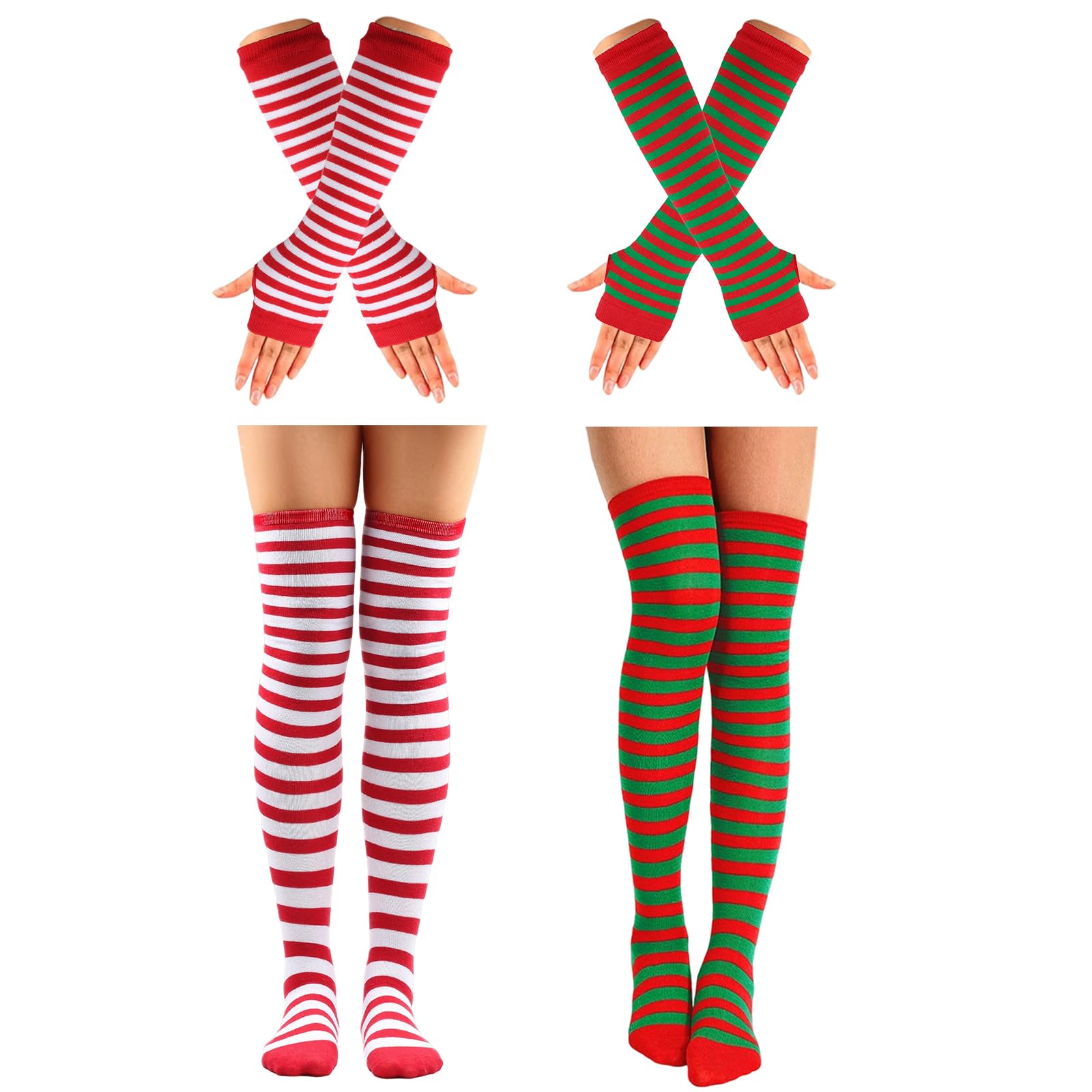 Ibeauti 8 Pcs Womens Striped Knee High Socks Stockings Y2K Goth Knitted Long Arm Warmer Fingerless Gloves Set
