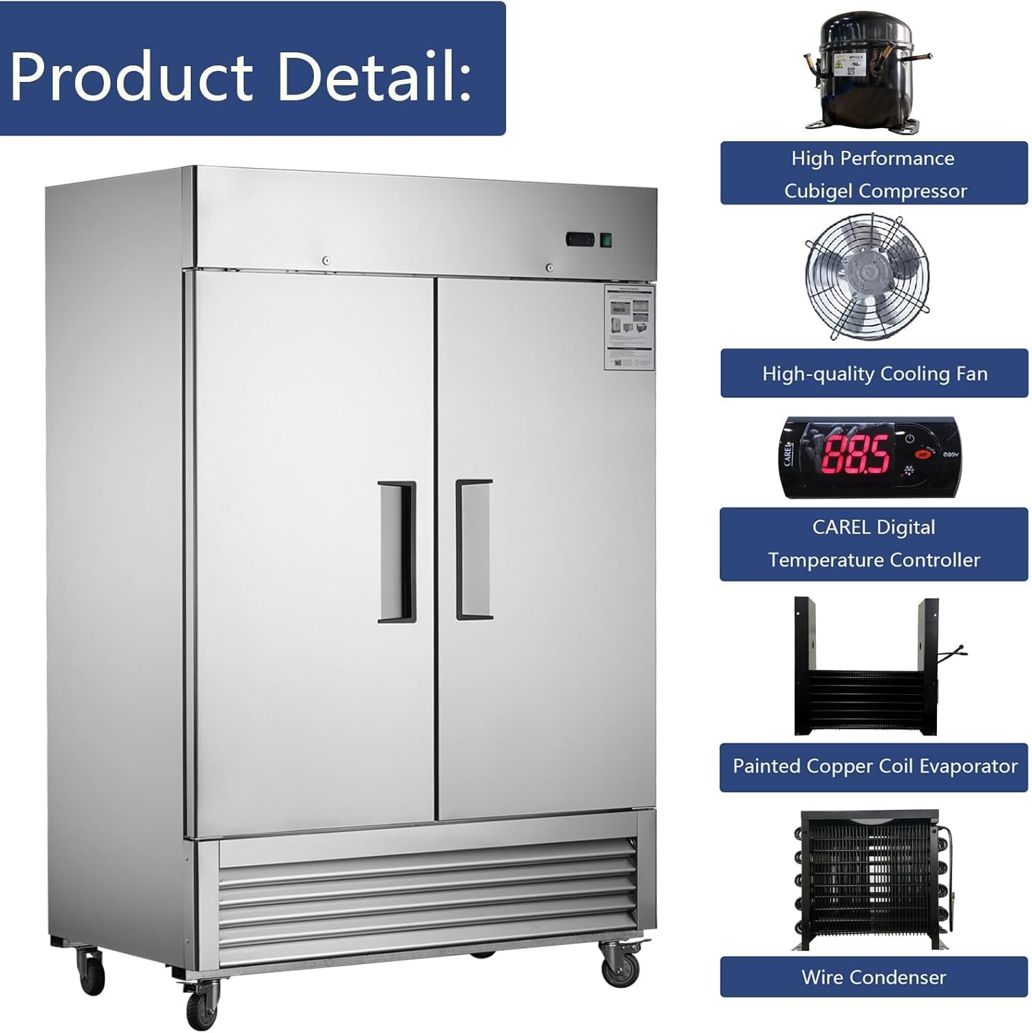 54" Commercial Freezer, 42 Cu.Ft Upright Freezer with 2 Solid Door, Stainless Steel Reach-in Freezer, -8℉ ~ -2℉, Fan Cooling Freezer with 6 Shelves for Restaurant Bar Garage, ETL and DOE Approved