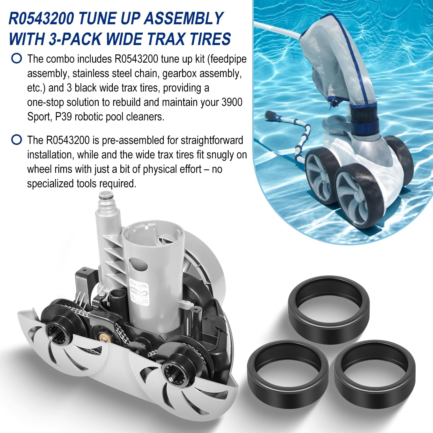 R0543200 Tune Up Rebuild Repair Kit Gearbox Assembly with 3-Pack 48-232 Wide Trax Tires Replacement Parts Kit Fit for Polaris 3900 P39 Sport Robotic Swimming Pool Cleaner Vacumm