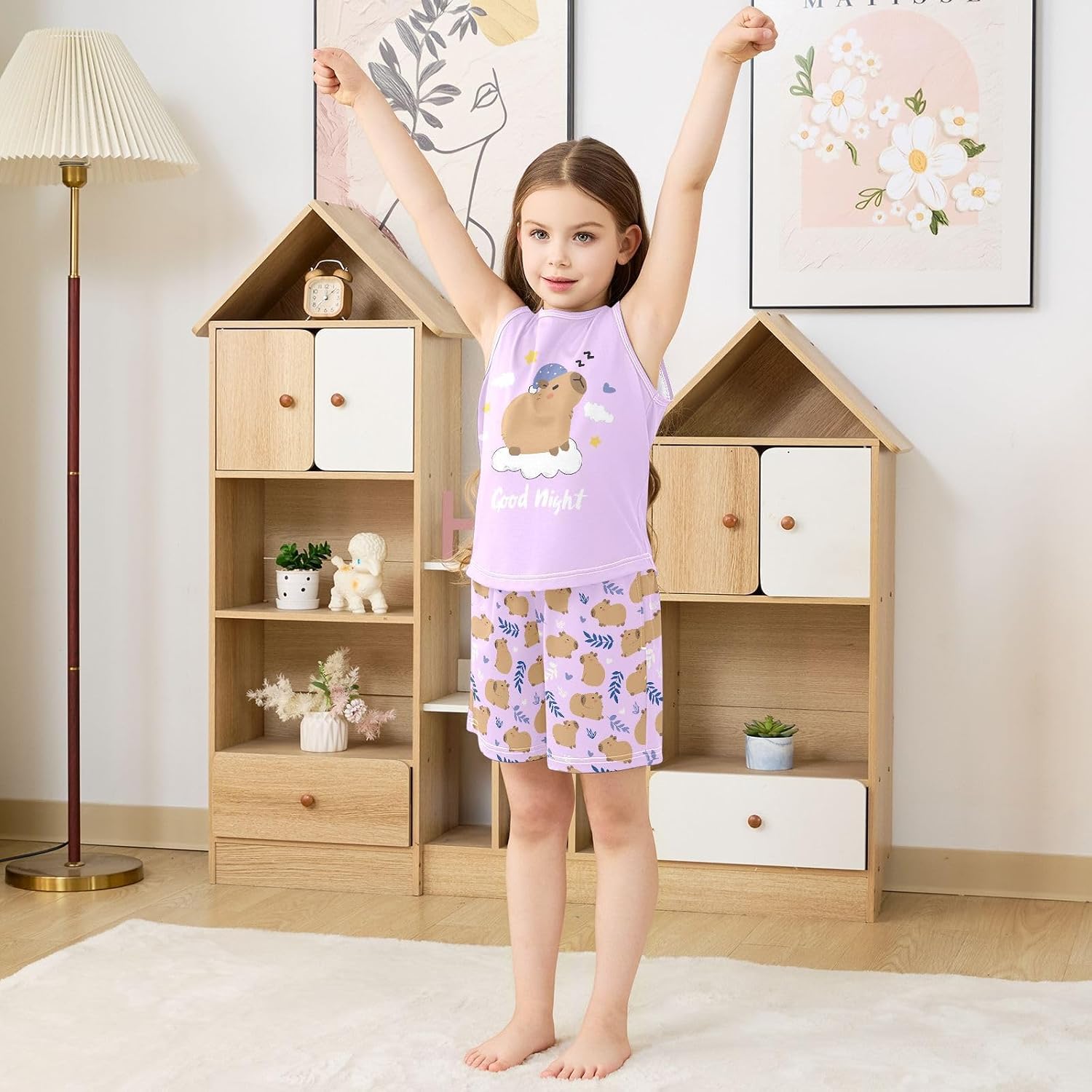 Cute Sleeping Capybara Purple Sleeveless Tank Top and Short Pajama Set 2 Piece Summer Soft Sleepwear for 4-12 Years