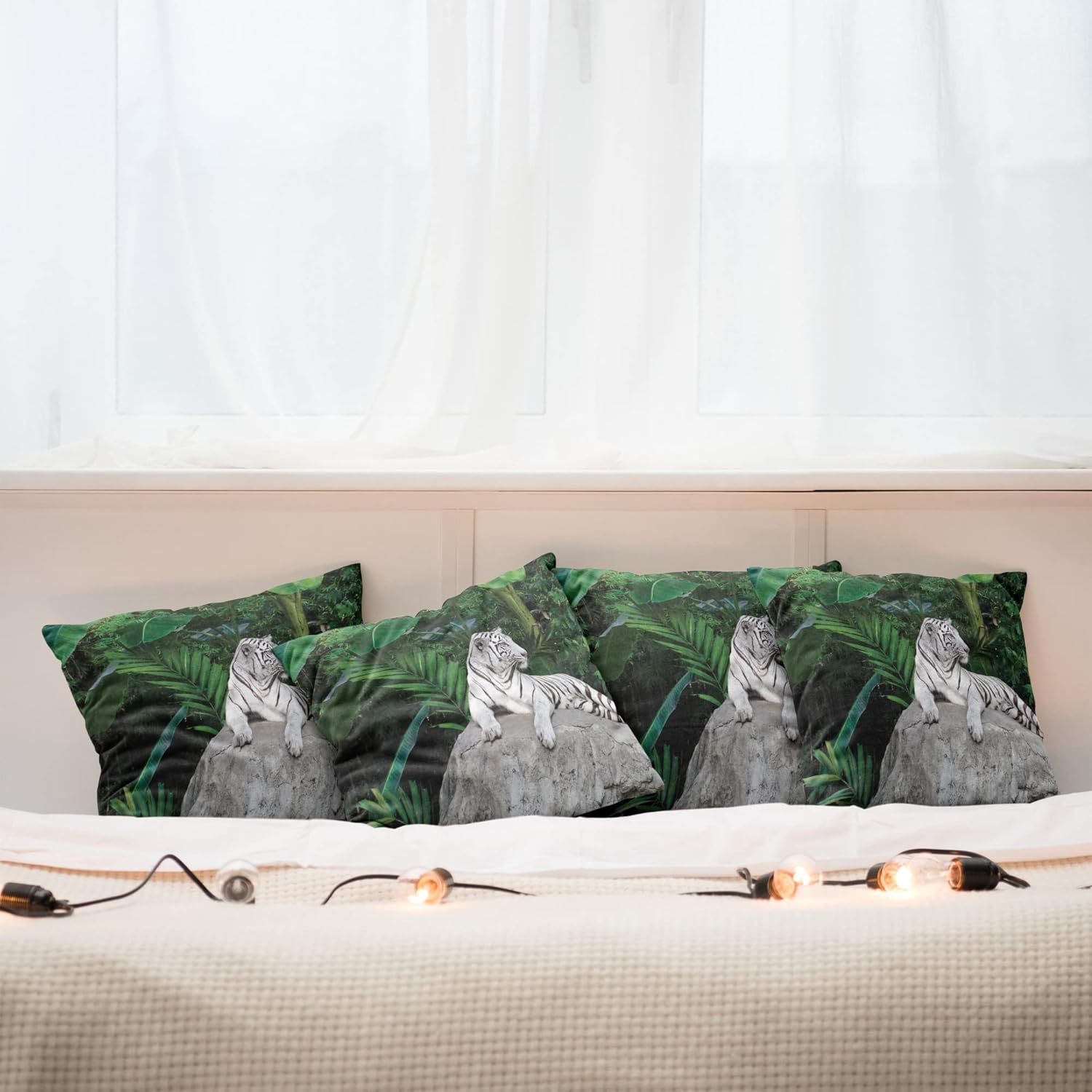 Ambesonne Safari Decorative Throw Pillow Case Pack of 4, White Tiger Setting on Stone Tropic Plants Leaves Wild Jungle Majestic, Cushion Cover for Couch Living Room Car, 18", Beige Green