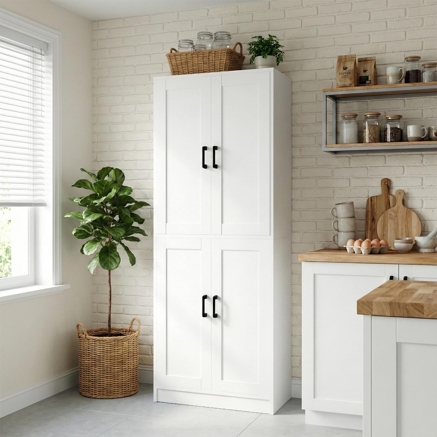 DIYART 71" Tall Kitchen Pantry Cabinet, Freestanding Food Storage Organizer with Doors & Adjustable Shelves, Large Utility Hutch Cupboard for Dining Room, Living Room, Bathroom & Home Office, White