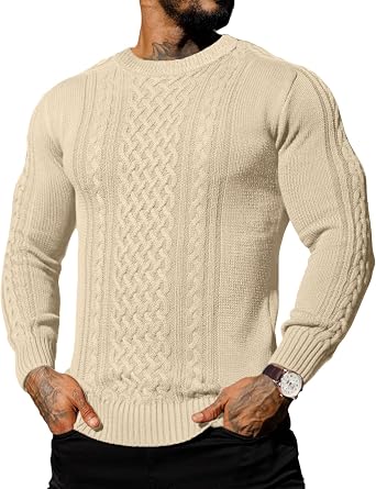 Askdeer Mens Pullover Sweater Fisherman Cable Knit Crewneck Sweater Winter Casual Knitted Sweaters with Ribbing Edge
