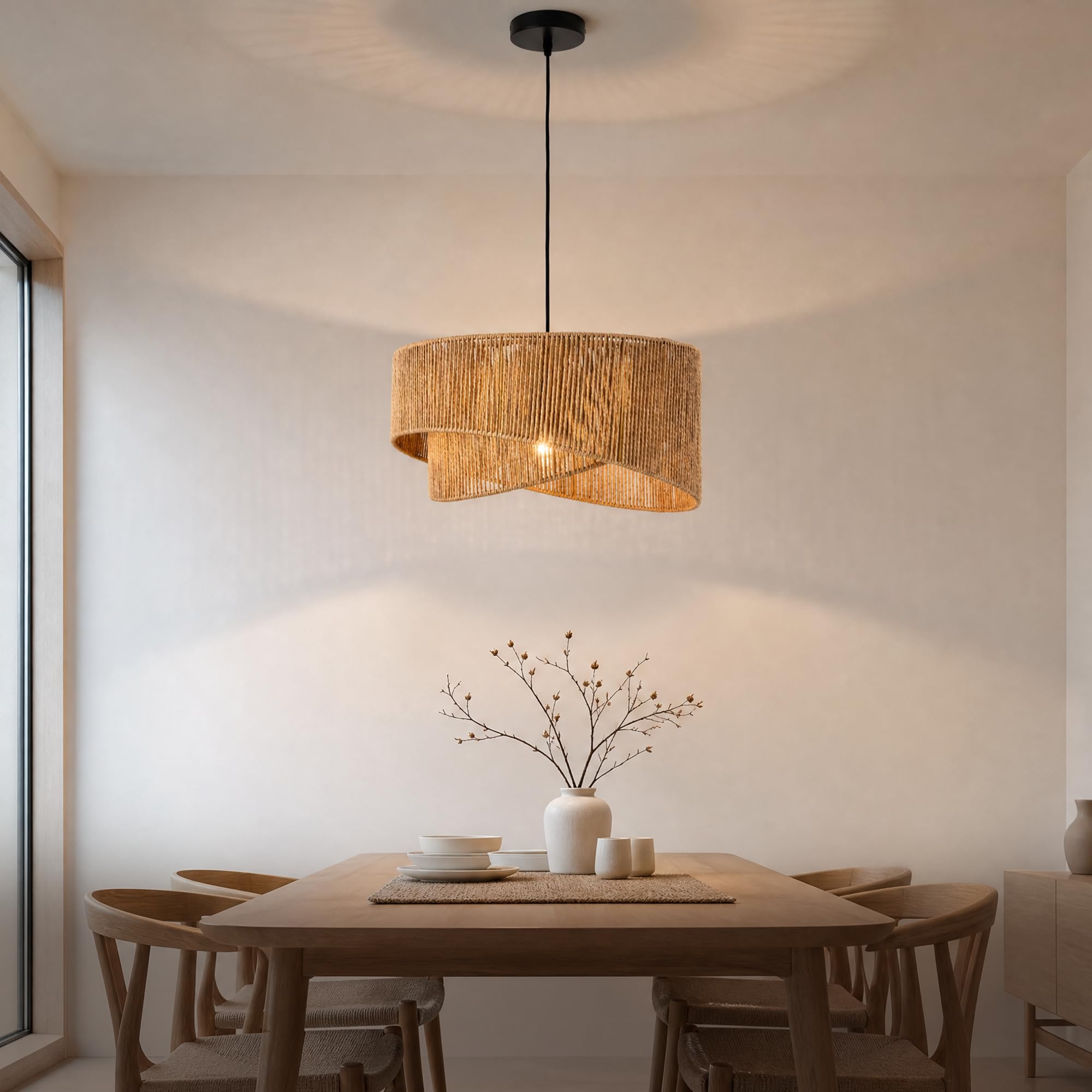 Hängelampe Skandi Ø45cm – 2-stufige Pendelleuchte aus Papierseil, Trapez-Design, höhenverstellbar, E27 – ohne Glühbirne