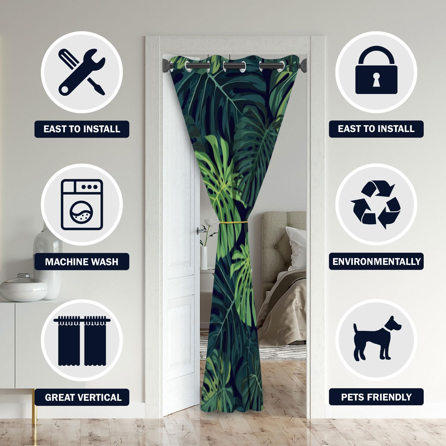 Tropical Palm Leaves Door Curtains for Doorways, Nature Plant Hawaiian Style Green Blackout Curtain for Bedroom Closet, Grommet Thermal Insulated Privacy Door Drapes for Room Divider, 34"W x 80"L