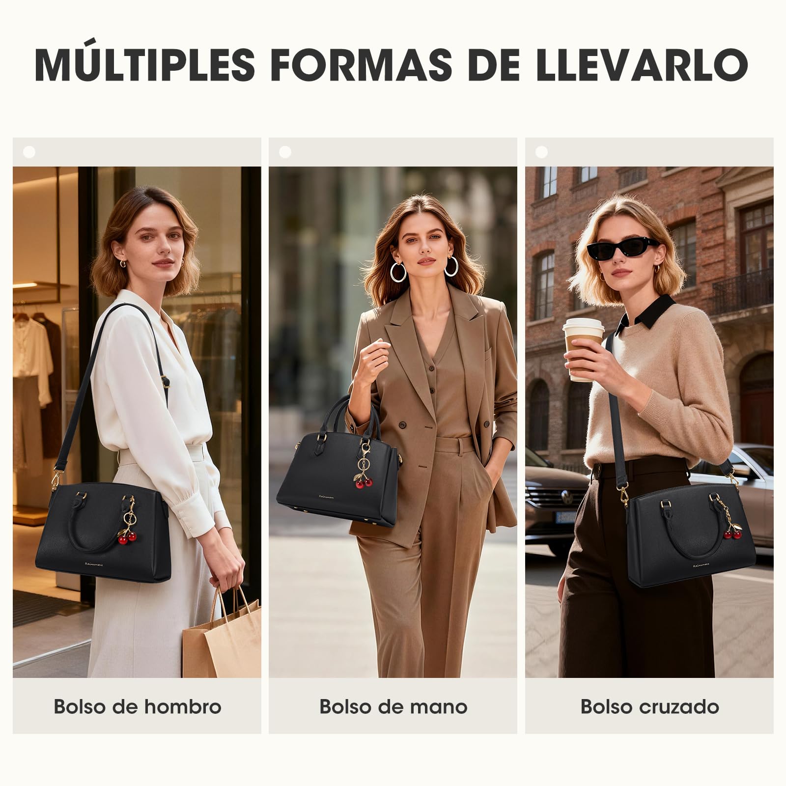 RAINSMORE Bolso Mujer de Piel PU Bolsos de Mano y Bandolera con Correa Ajustable para Tablet 11 Pulgadas Bolso Shopper Mediano para Trabajo y Oficina Diseño de Gran Capacidad Moderno Negro