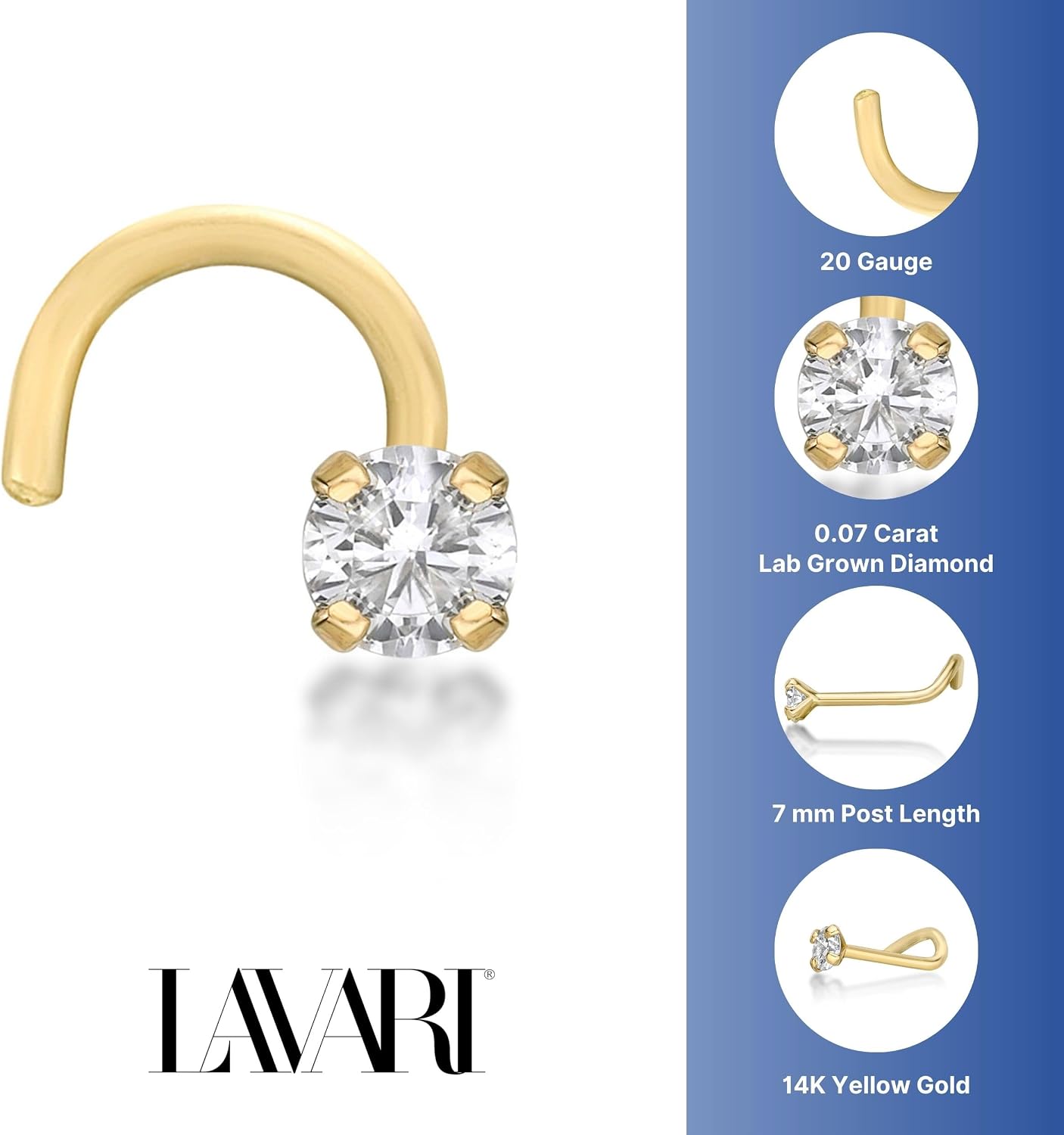 Lavari Jewelers 20 Gauge 0.01 to 0.07 Carat Lab Grown Diamond Curved Screw Nose Stud for Women - 14k Gold 1.3 to 2.7 (D-E, VVS1-VVS2 to I2-I3, cttw) Nose Ring - Unisex Nostril Piercing Jewelry