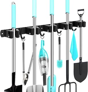 COOKCUTE Broom Holder Wall Mount, 5 Slots 4 Hooks Black Stainless Steel Broom Organizer Wall Mount Mop and Broom Holder Wall Mounted Heavy Duty, Broom Hanger Self Adhesive, Mop Holder Garage Shelving
