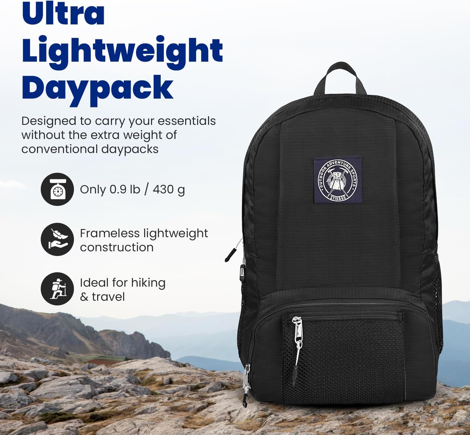 Walker Ultralight Packable Hiking Backpack – 0.9 lb Foldable Travel Daypack, Carry-On Compliant, Water-Resistant Hiking Backpack with Bottle Pockets