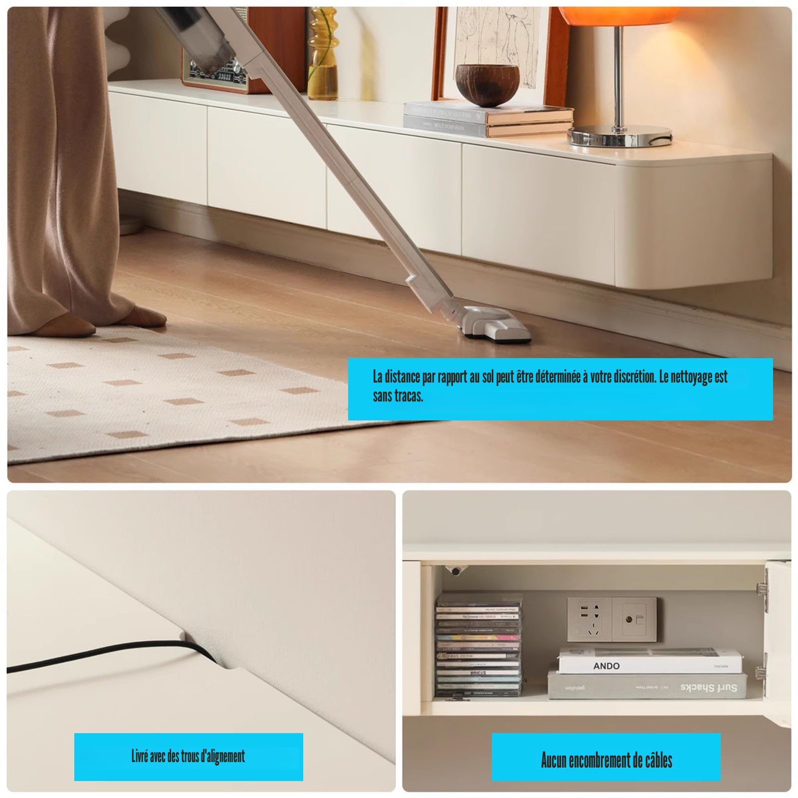 Meuble TV suspendu en bois massif pour salon, maison, table basse, support TV 140, 160, 180, 200, 220, 240 cm, plusieurs tailles (Blanc-Marron, 160 x 20 x 24 cm)