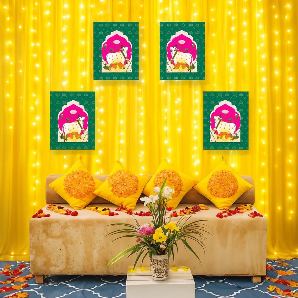 Party Propz Yellow Backdrop for Decorations with Jharokha, Led Candles and Curtain Lights, Haldi Decoration Items for Home Decor, Backdrop Cloth for Decoration Pooja (Satin)(12Pcs)