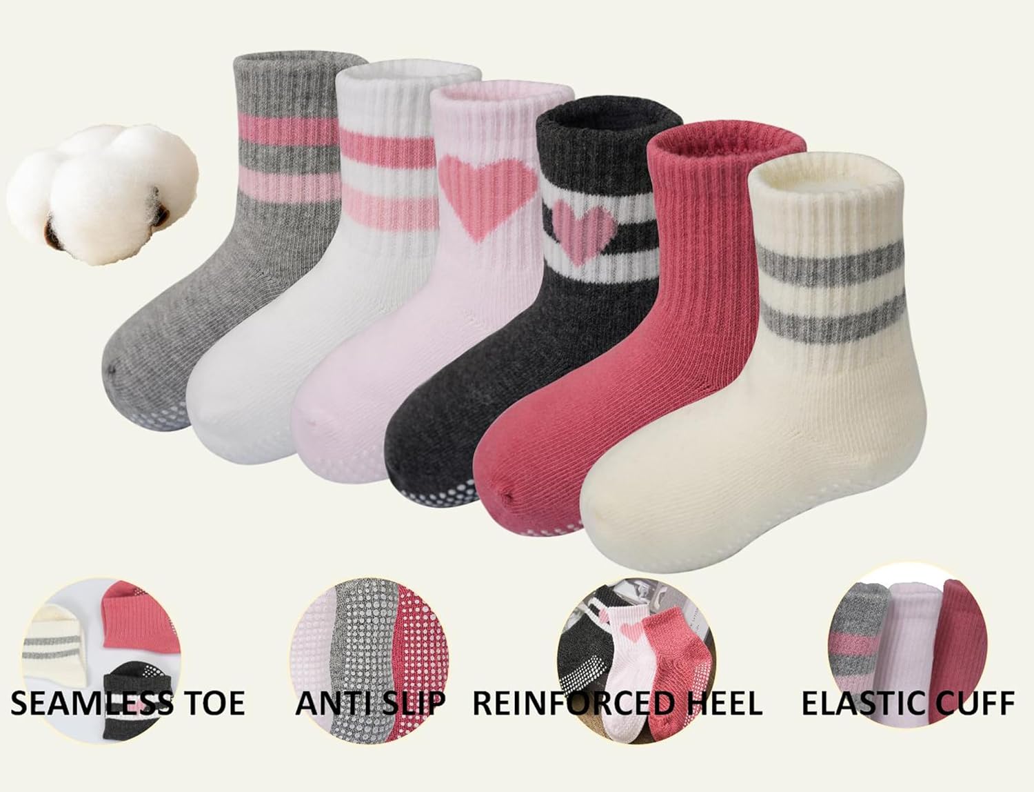Toddler Grip Socks with Non-Slip, Unisex Baby Retro Stripe Seamless Crew Ankle Cotton Socks for Girls Boys 6 Pairs - Image 5