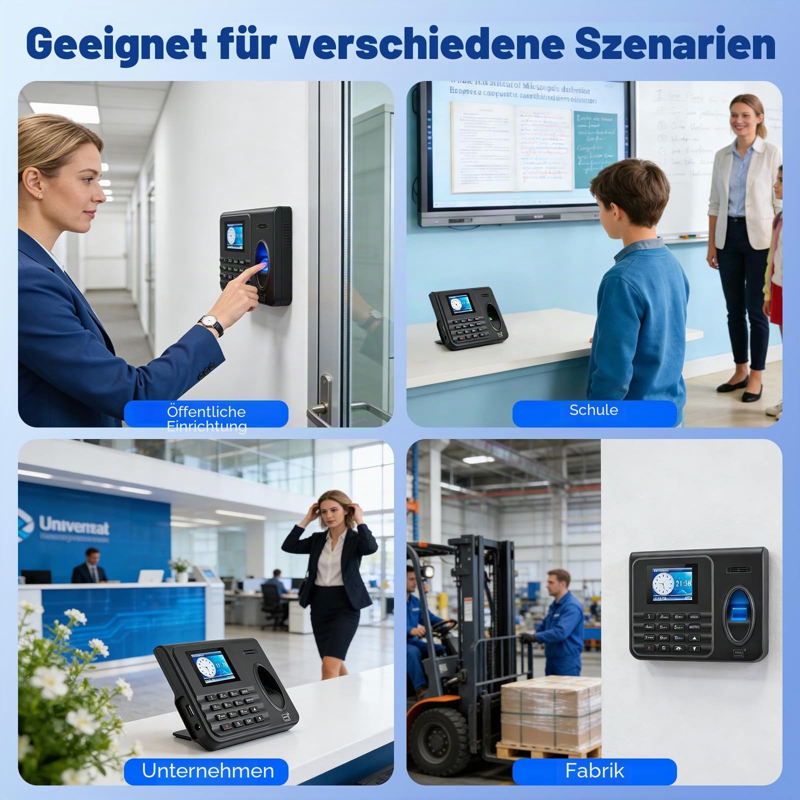 Stempeluhr Zeiterfassung für Kleinbetriebe, Biometrisch mit Sprachansage – 3 Methoden (Fingerabdruck, RFID, PIN), USB-Export, einfache Installation als Stechuhr für Wand oder Tisch