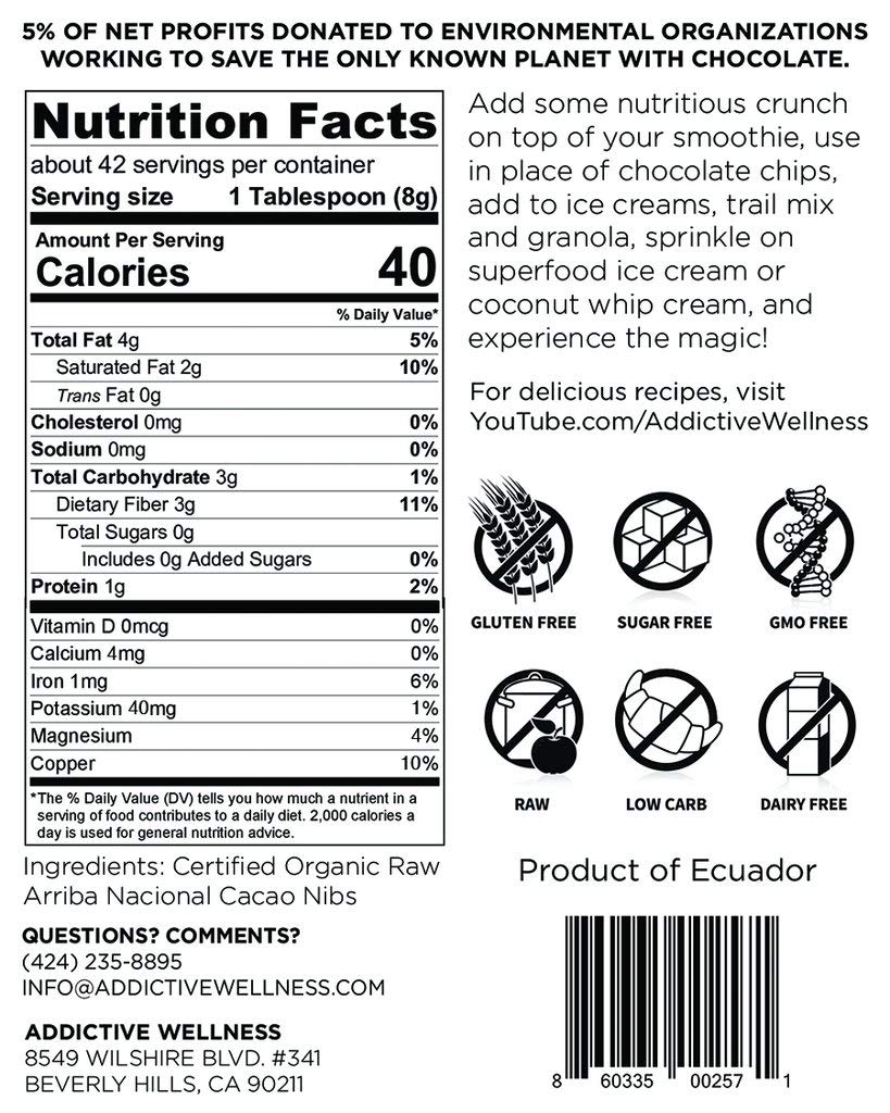Addictive Wellness Raw Cacao Nibs - Heirloom Mycotoxin-Free Arriba Nacional Chocolate Fermented Cocoa