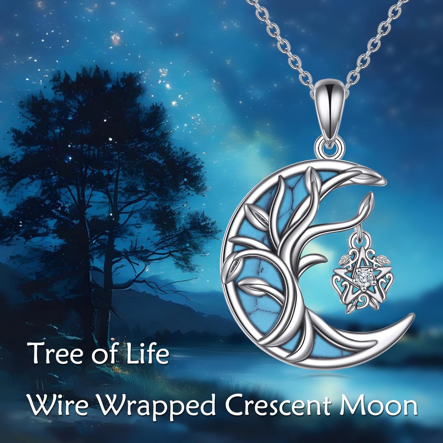 Moon Pendant Necklaces for Women 925 Sterling Silver Vintage Crescent Pendant with Turquoise & 1.0 Ct Moissanite Birthday Jewelry Gifts for Women - 18 + 2 Inches - Image 5