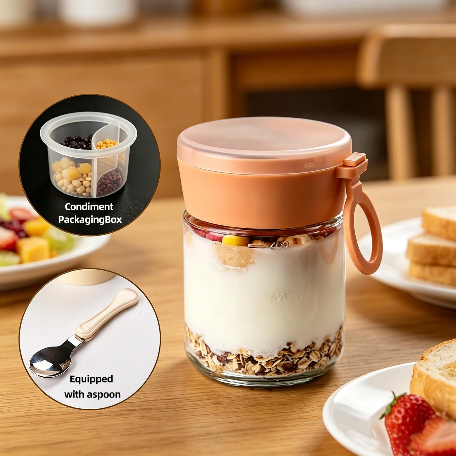 Overnight Oats Overnight Oats - Set di 4 bicchieri con cucchiaio pieghevole, multiuso, con coperchio, per separazione a secco e bagnato, per yogurt, porridge, colazione (4 pezzi, 600 ml)