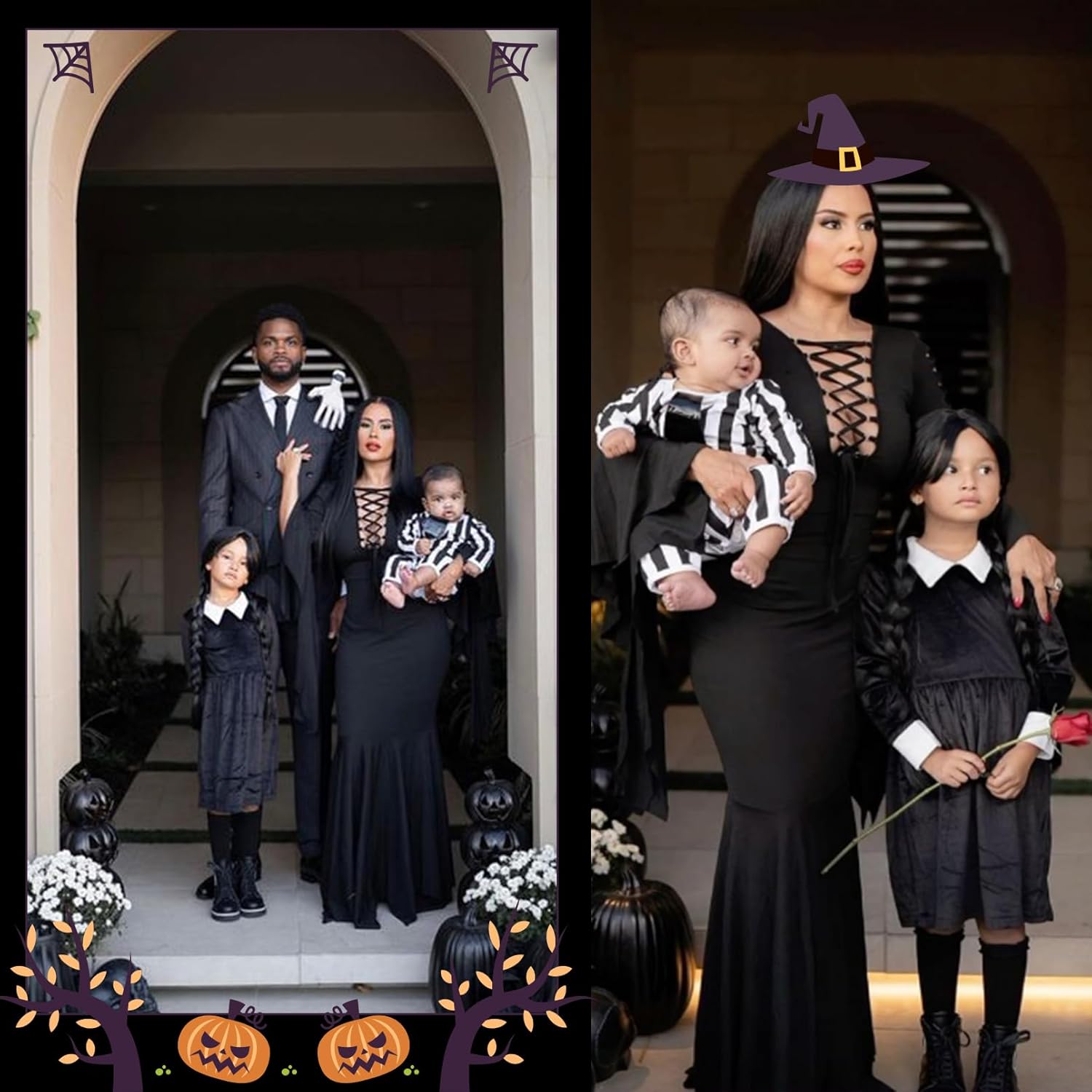 YOGFIT Halloween Cosplay Morticia Costumes for Women Vintage Gothic Witch Long Sleeve Dress Black Wig Rose - Image 5