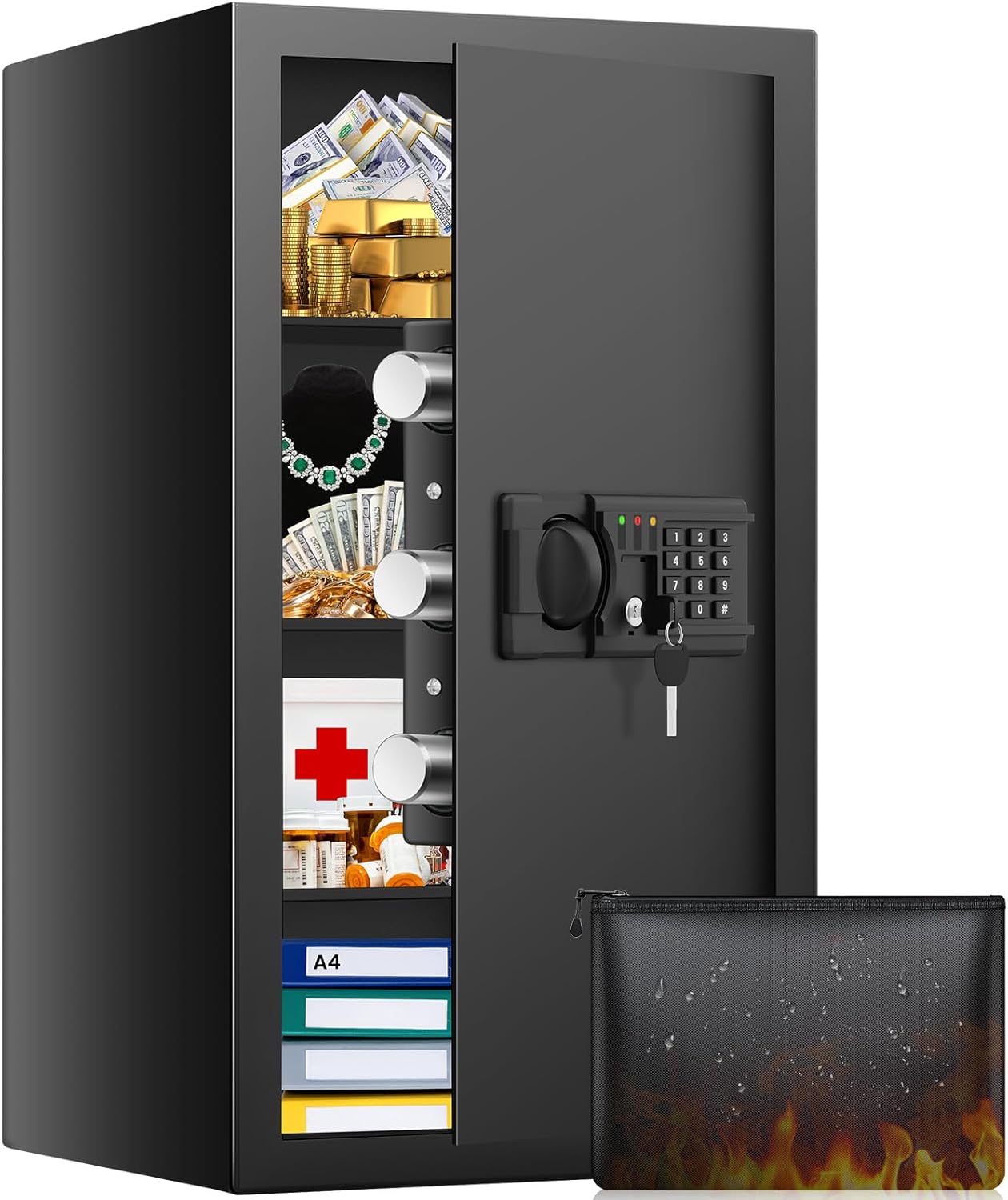 5.0 Cuft Giant Fireproof Secure, Residence Safes Fireproof Waterproof With A4 Fireproof Bag, Digital Keypad, Spare Keys, Sensible Alert, Mute Mode, 3 Detachable Cabinets, Fireplace Proof Secure For Residence Paperwork