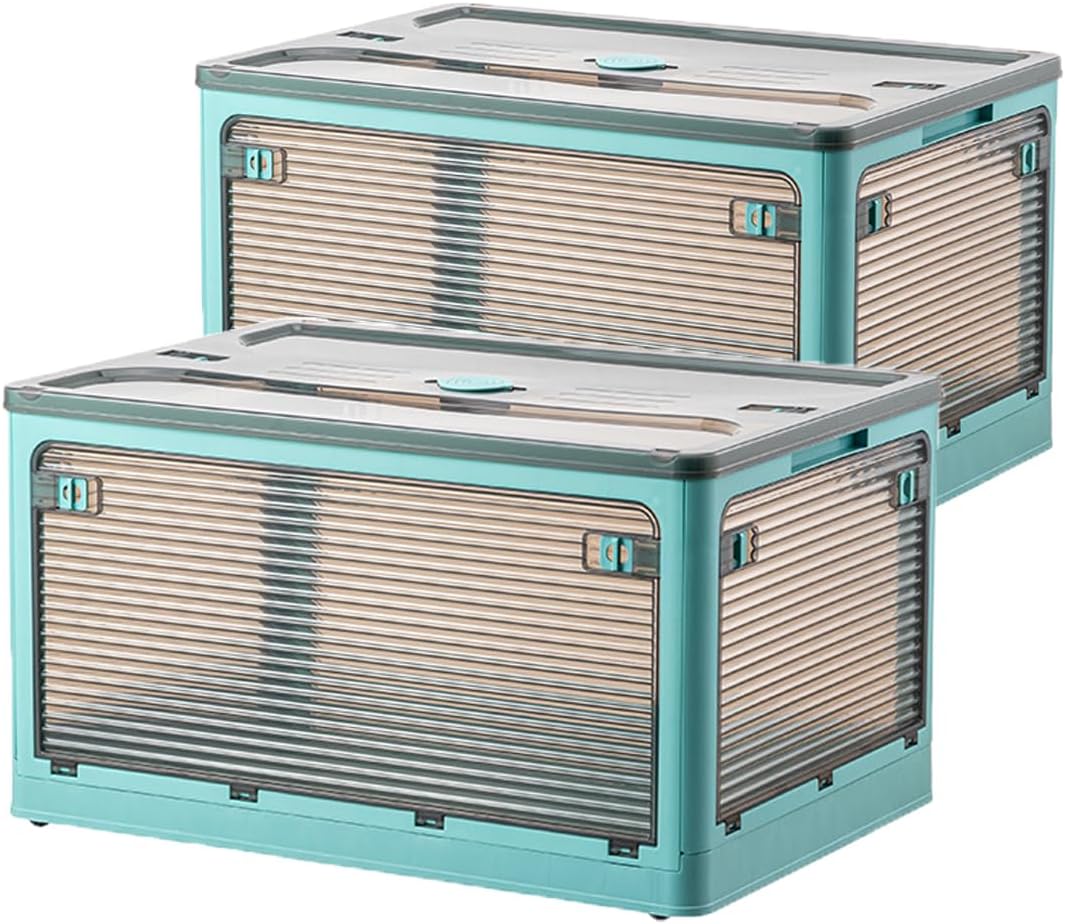 Folding Storage Bins, 50 Liters, 2 Pcs Blue plastic Storage Containers with Wheels, Double Doors, Foldable, Stackable, Plastic Box with Lids for Organization, Storage Cart