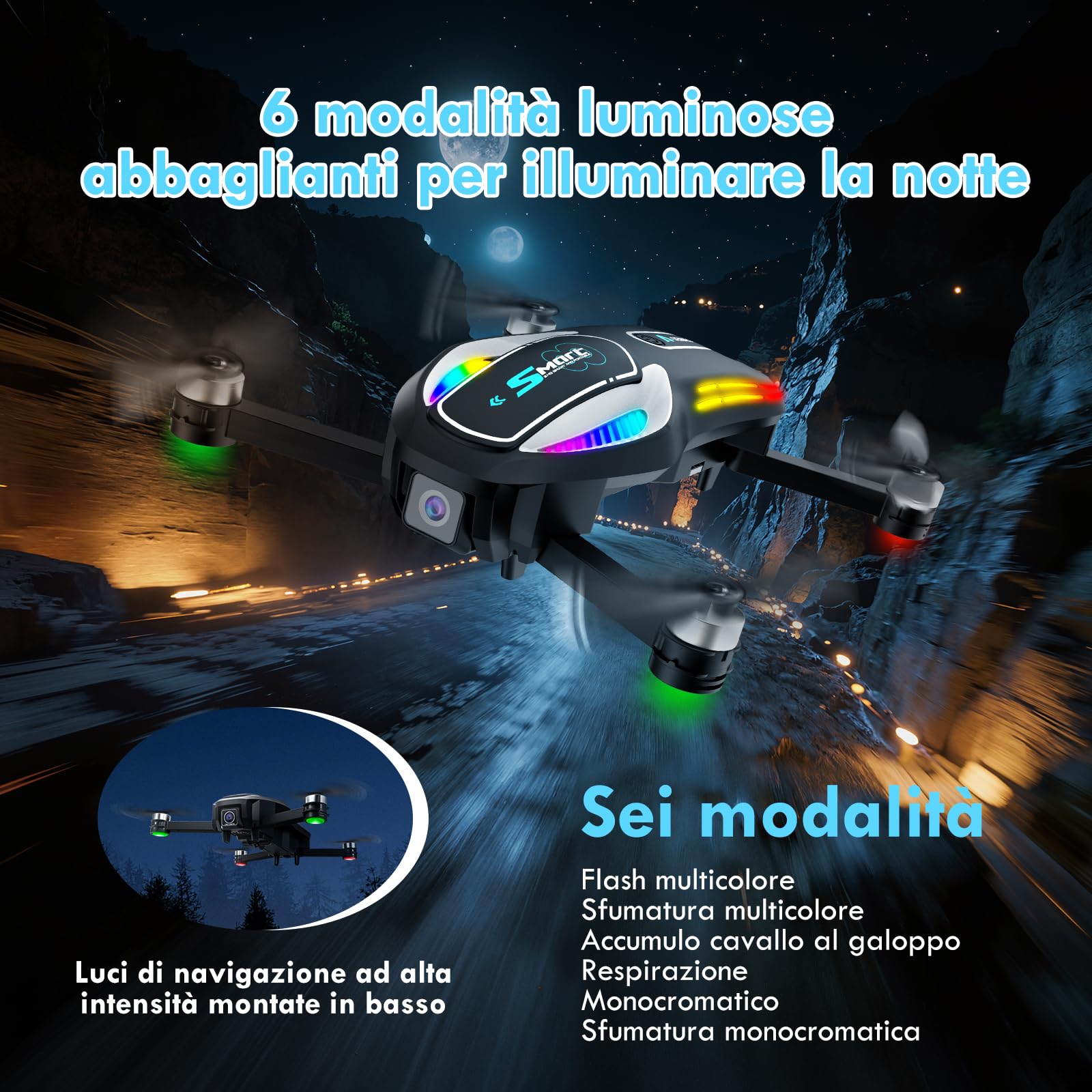Drone pieghevole con fotocamera 1080P, flusso ottico e 2 batterie