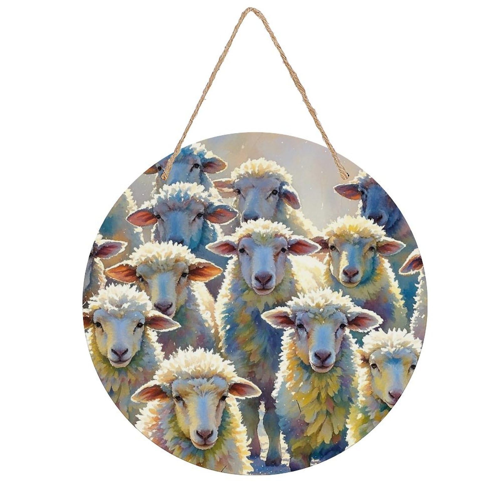 FekiLoot Watercolor Sheeps Wall Art Decor Round Wood Hanging Sign Decoration Wooden Circle Door Sign Round Hanging Decorative Wood Plaque Door Hanger for Home Outdoor Indoor Decoration