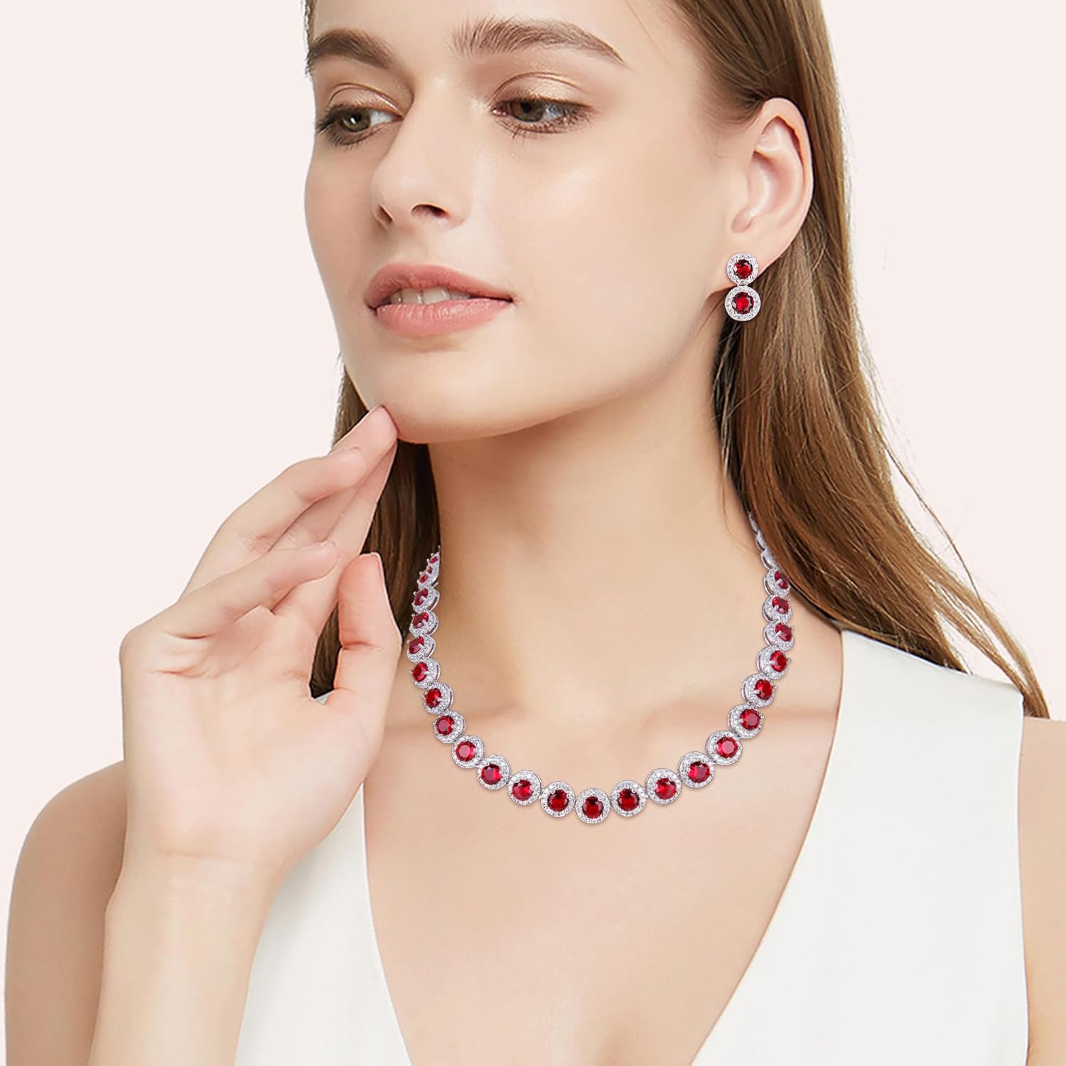 EVER FAITH Gorgeous Round Cut Cubic Zirconia Birthstone Bridal Necklace Earrings Tennis Bracelet Sets Wedding Prom Jewelry Set for Women - Image 3