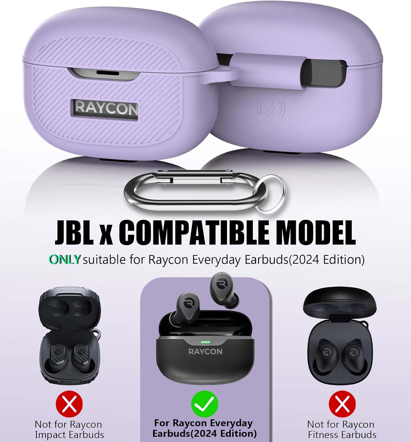 [3 in 1] for Raycon Everyday Earbuds(2024 Edition) Case Cover with Cleaner kit, Logo Visible Design Shockproof Silicone Protective Cover for Raycon Everyday Earbuds with Carabiner-Porple - Image 5