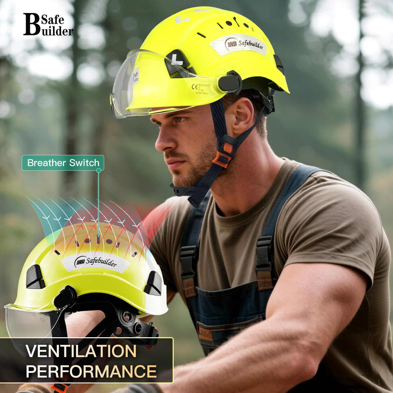 SAFEBUILDER Kask ochronny budowlany z wizjerem ABS twardy kapelusz regulowany kask wentylacyjny przemysłowa ochrona głowy roboczej dla mężczyzn certyfikat ANSI/ISEA Z89.1