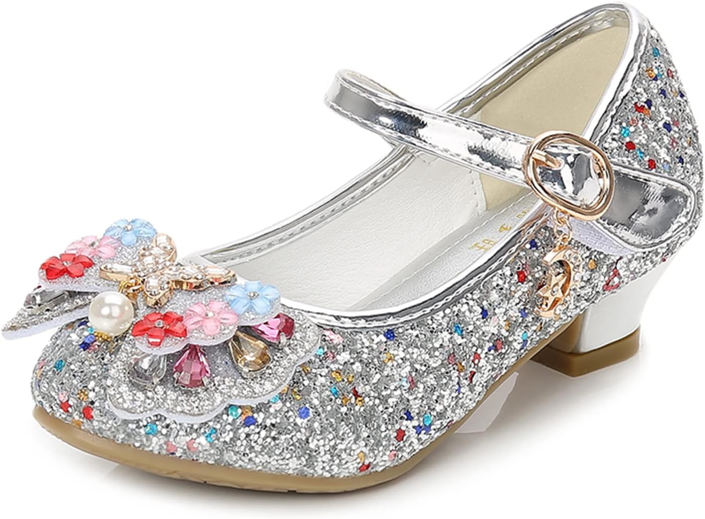 Unifizz Girls Dress Shoes Glitter Princess Shoe Flower Bow Mary Jane Low Heels Party Wedding Pumps for Toddler Kids