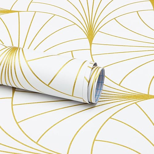 Miniatura 9 de Safiyya Papel tapiz de 118 x 17.7 pulgadas, papel adhesivo verde dorado, autoadhesivo, extraíble, moderno, enrejado, dorado, para dormitorio,