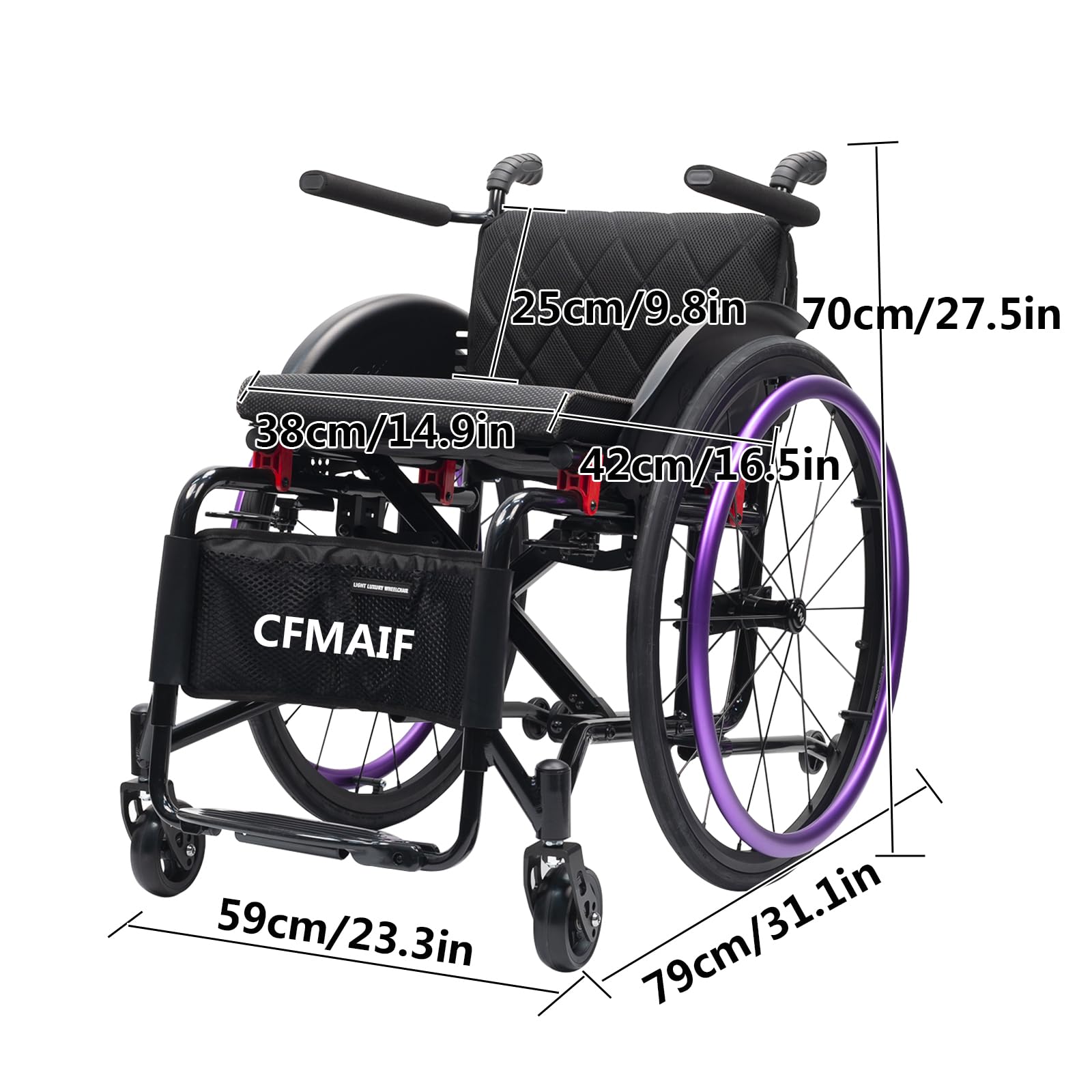 Ręczny wózek inwalidzki, sport, lekki, aluminiowy wózek inwalidzki, dla osób niepełnosprawnych, samobieżny, podłokietniki (38 cm/14,9 cala, niebieski)