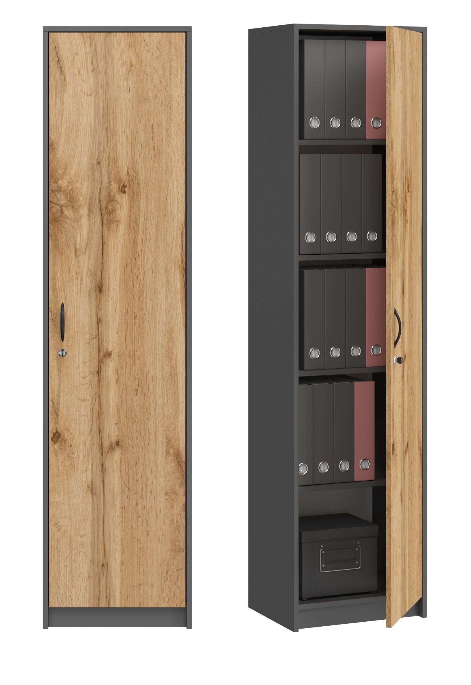 Armoire de Bureau avec Serrure - Meuble de Rangement avec 1 Porte et 5 Compartiments - Armoire Universelle pour Bureau et Maison - 180 x 44,5 x 35 cm - Graphite/chêne Wotan