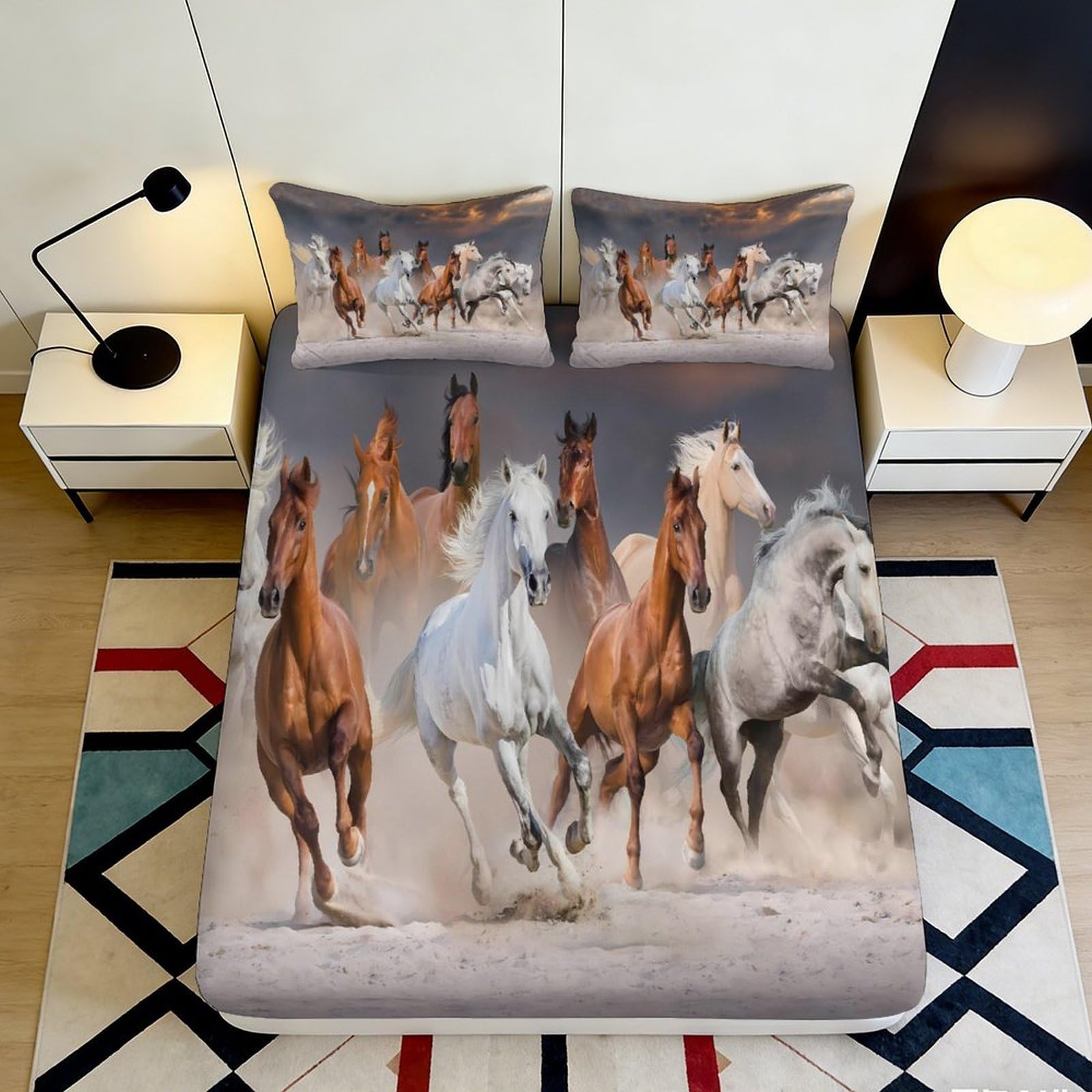 3D Printed Wild Horse Running Fitted Sheet Microfiber Anti-Slip Equestrian Bed Cover for Bedroom Dorm Mattress Decor 160x200x25cm