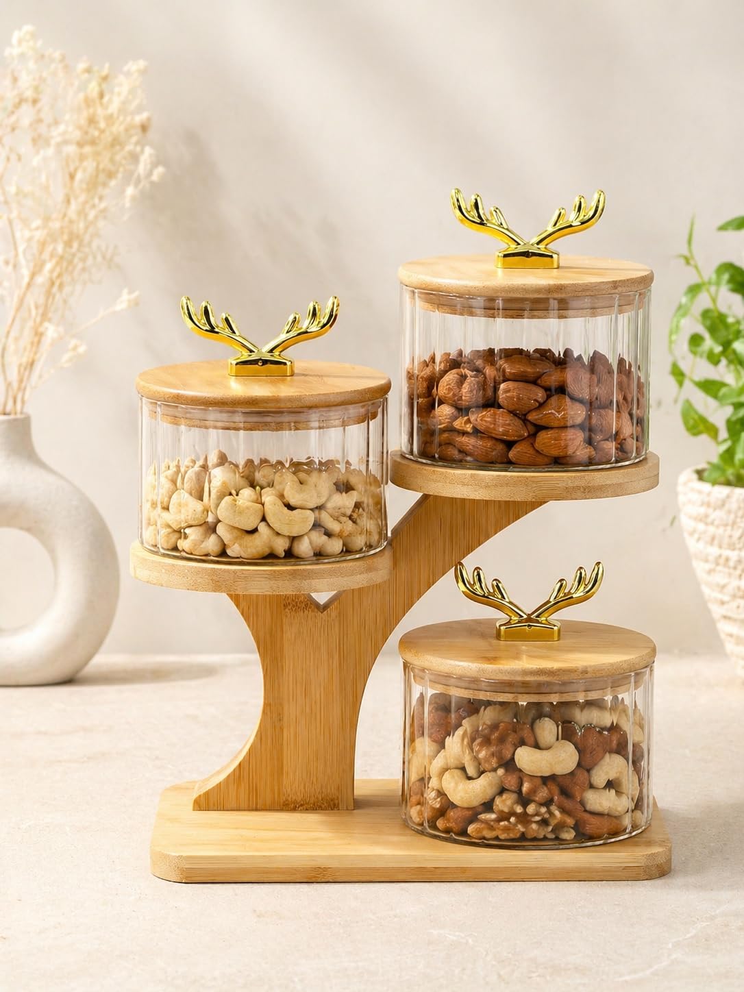 500ML Glass Storage Jar Set with Bamboo Stand | 3 Airtight Glass Containers with Gold Antler Lids | Dry Fruit, Snacks, Candy & Kitchen Organizer Set-image-18