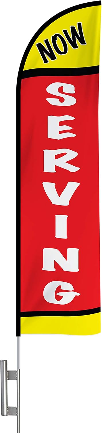 12' Feather Flutter Flag Kit with Ground Spike Restaurant, Car Repair, Food Coop, Grocery, Essential Service Flags Heavy Duty USA Company (Curbside)