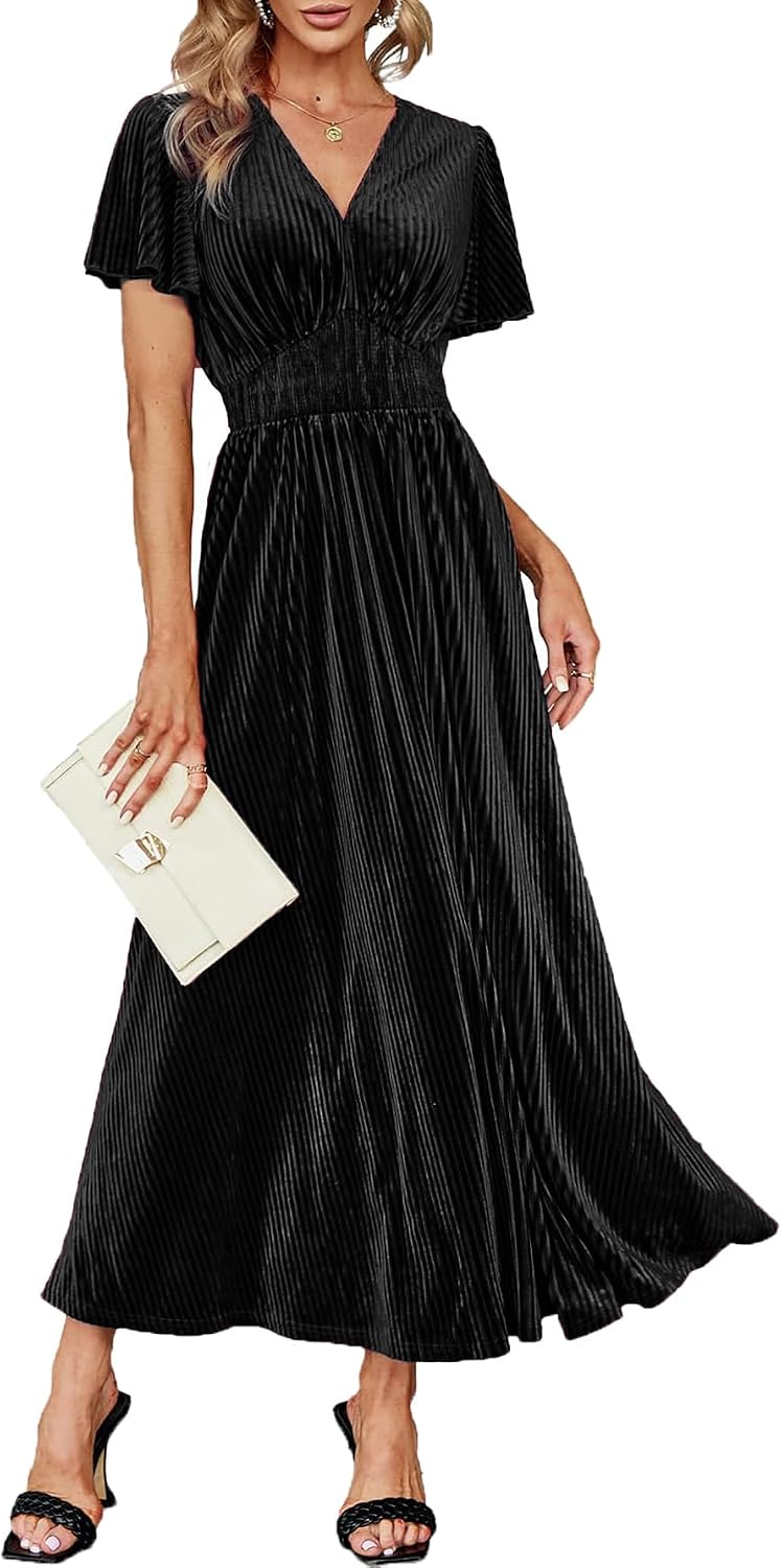 CzzzyL Women's Nursing Short Sleeve V Neck Velvet Maxi Dress Flowy Wedding Party Dresses with Pockets