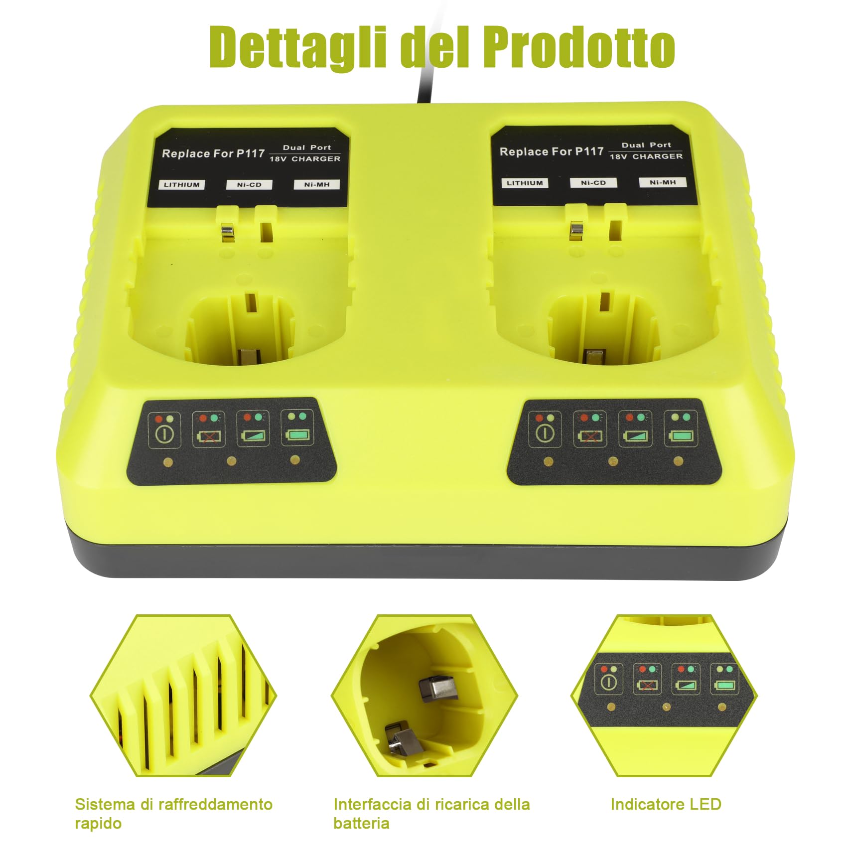 KUNLUN P117 Caricabatterie per Ryobi 18V Batteria, Caricabatteria Sostitutivo a 2 Porte per Ryobi One+ P108 P107 P104 P105 P102 P103 P117 Compatibile con Ryobi Batterie Agli Ioni di Litio/Ni-Mh