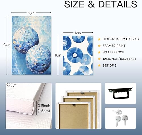 Miniatura 6 de GELDSTEI Preppy - Arte de pared estético azul, impresión de póster de 8 bolas azul marino, decoración de pared de bola de disco azul, pintura en