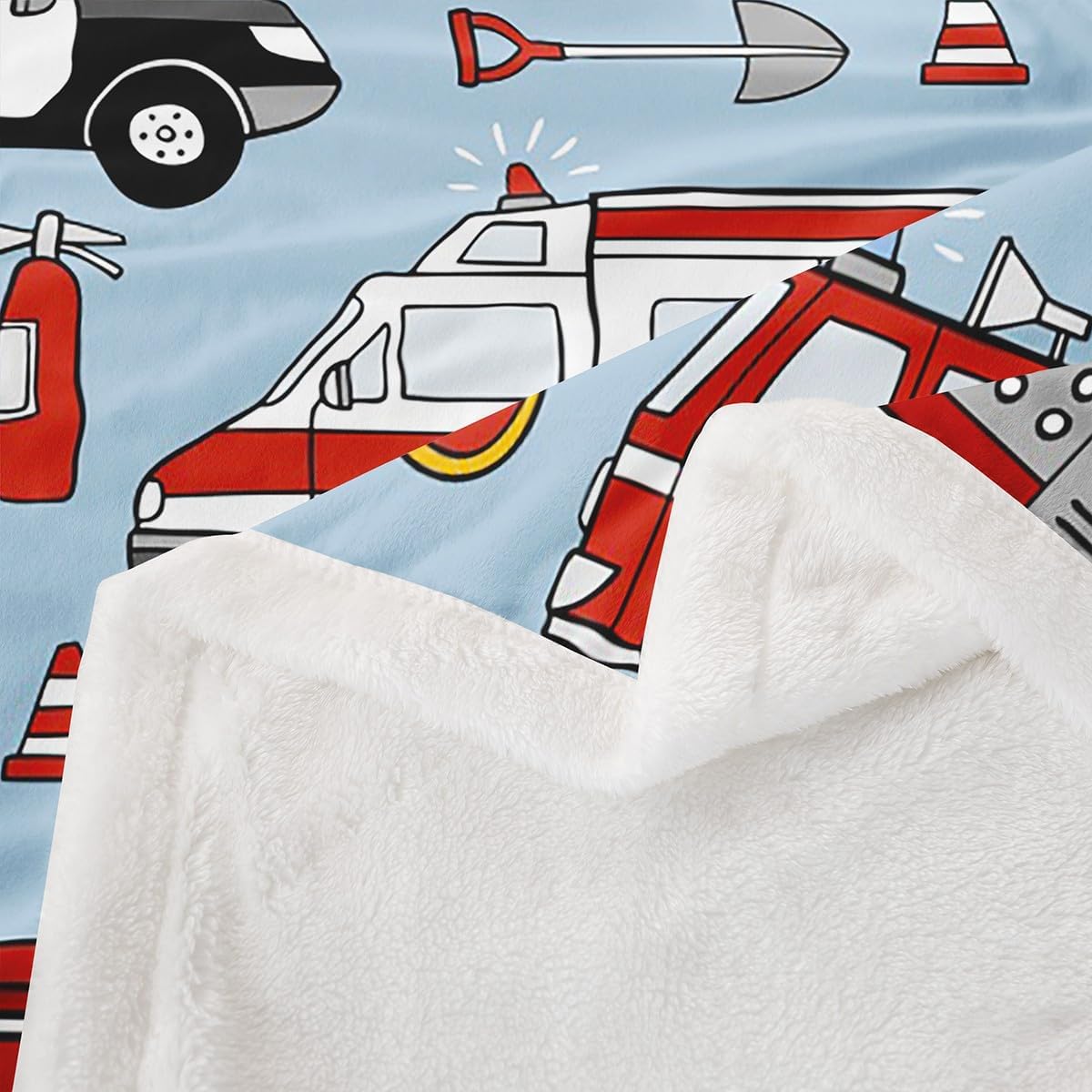 Feelyou Cartoon Police Car Fleece Throw Blanket - Red Fire Truck Sherpa for Kids Boys Toddler with Fire Extinguisher - Airplane Fuzzy Plush for Sofa Bed Couch, Queen 90x90 Inches