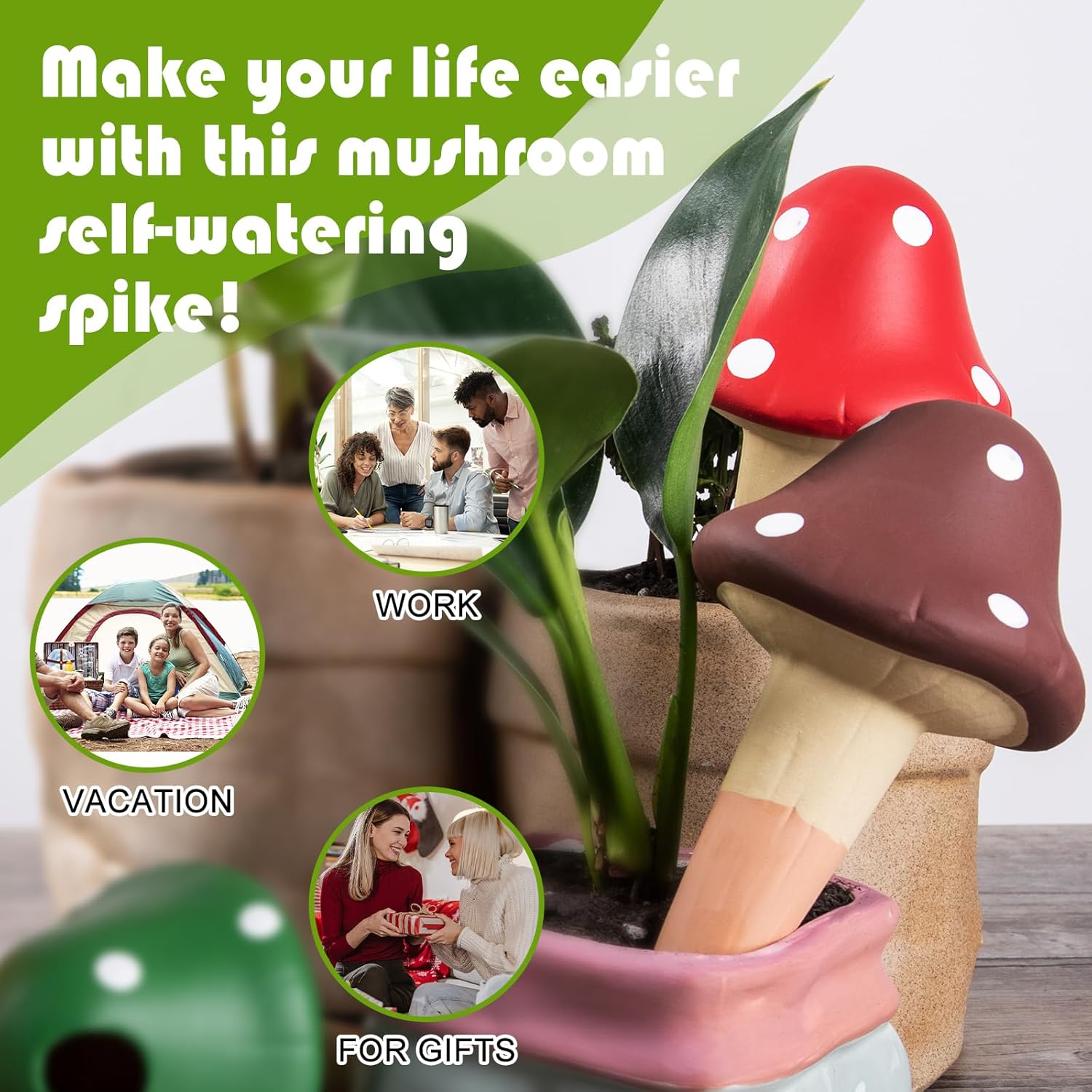 Terracotta SelfWatering Spike Classic Mushroom Shape Unattended Ceramic Automatic Plant Potted Watering Stakes,Automatic Holiday Watering Indoor Outdoor 4PACK. Christmas & New Year Present
