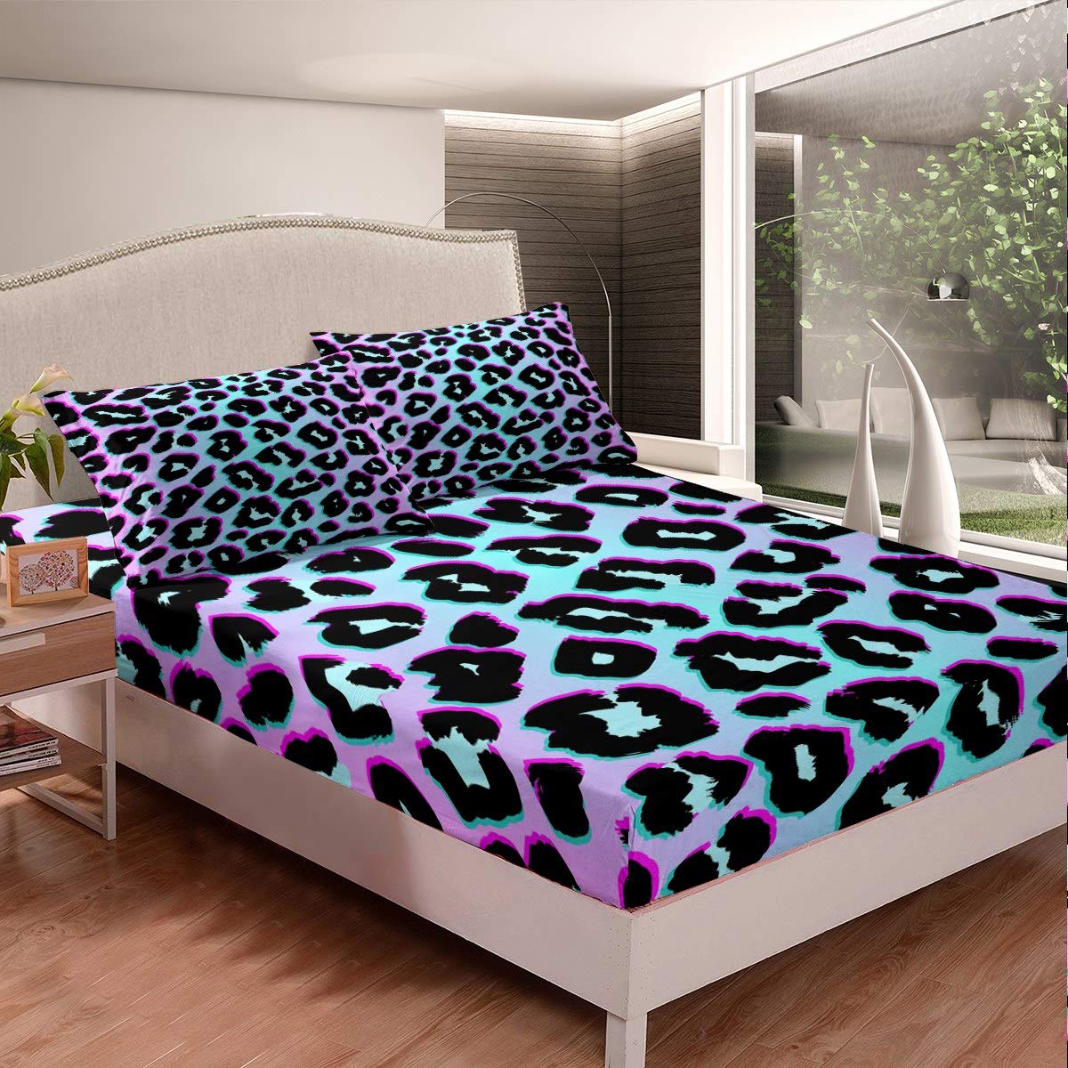 Parure de lit léopard bleu violet housse couette adulte drap design femme