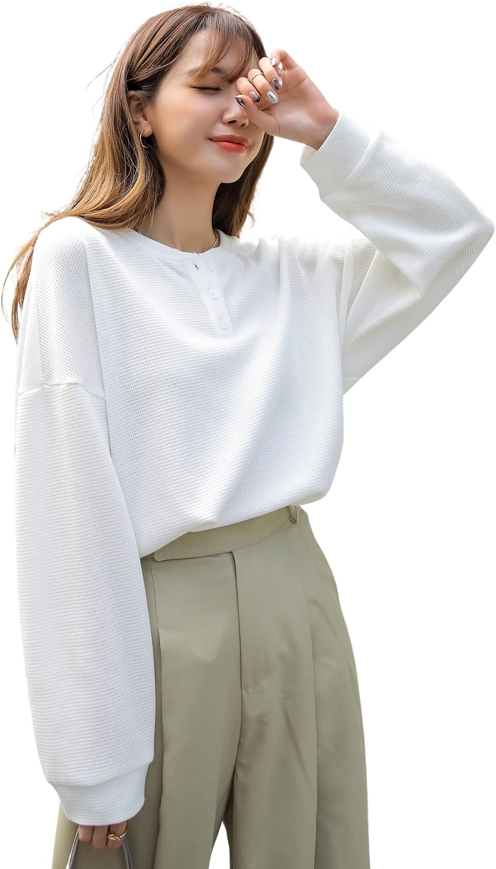 Women's Waffle Button Down Neck Korean Tops for Women || Oversized t Shirts for Women || Long Sleeve Tops