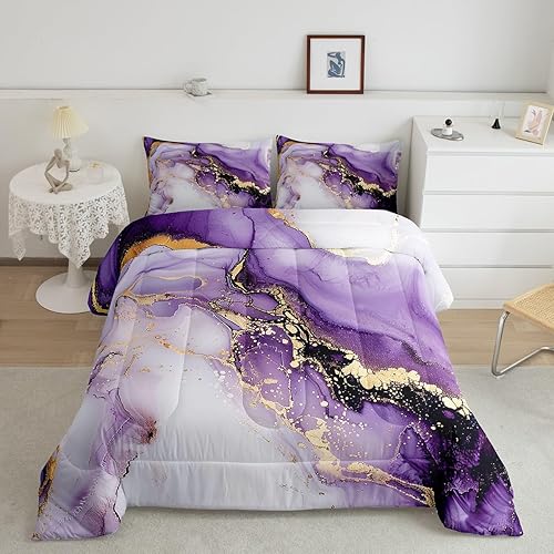 Erosebridal Juego de edredón de mármol abstracto tamaño queen, color morado acuarela, juego de ropa de cama fluida de montaña, edredón dorado Erosebridal Juego de edredón de mármol abstracto tamaño queen, color morado acuarela, juego de ropa de cama fluida de montaña, edredón dorado