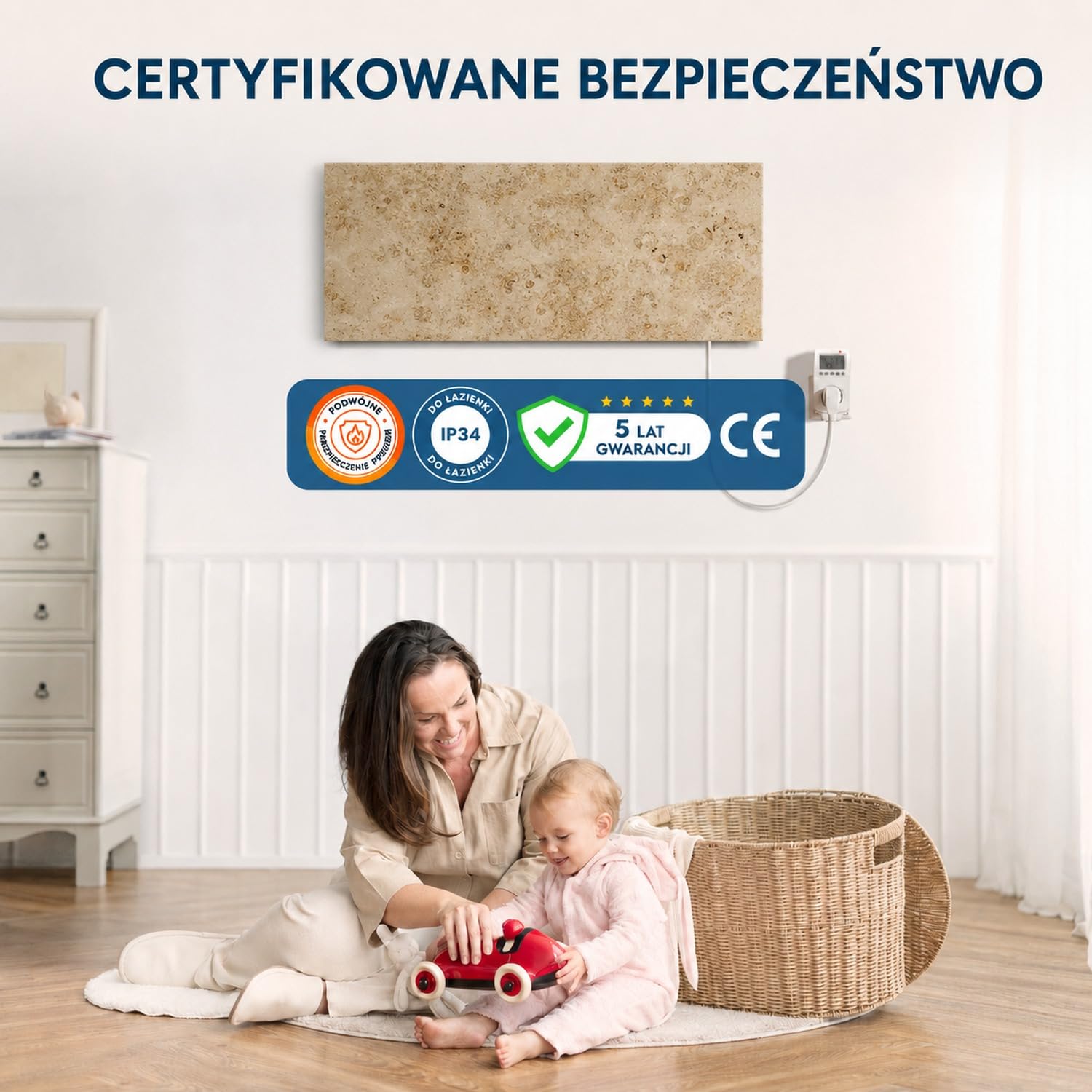 Marwona | Marmurowy promiennik podczerwieni z cyfrowym termostatem | 800 W | Lymonit | energooszczędne ogrzewanie ścienne na podczerwień | 5 lat | niemiecka jakość