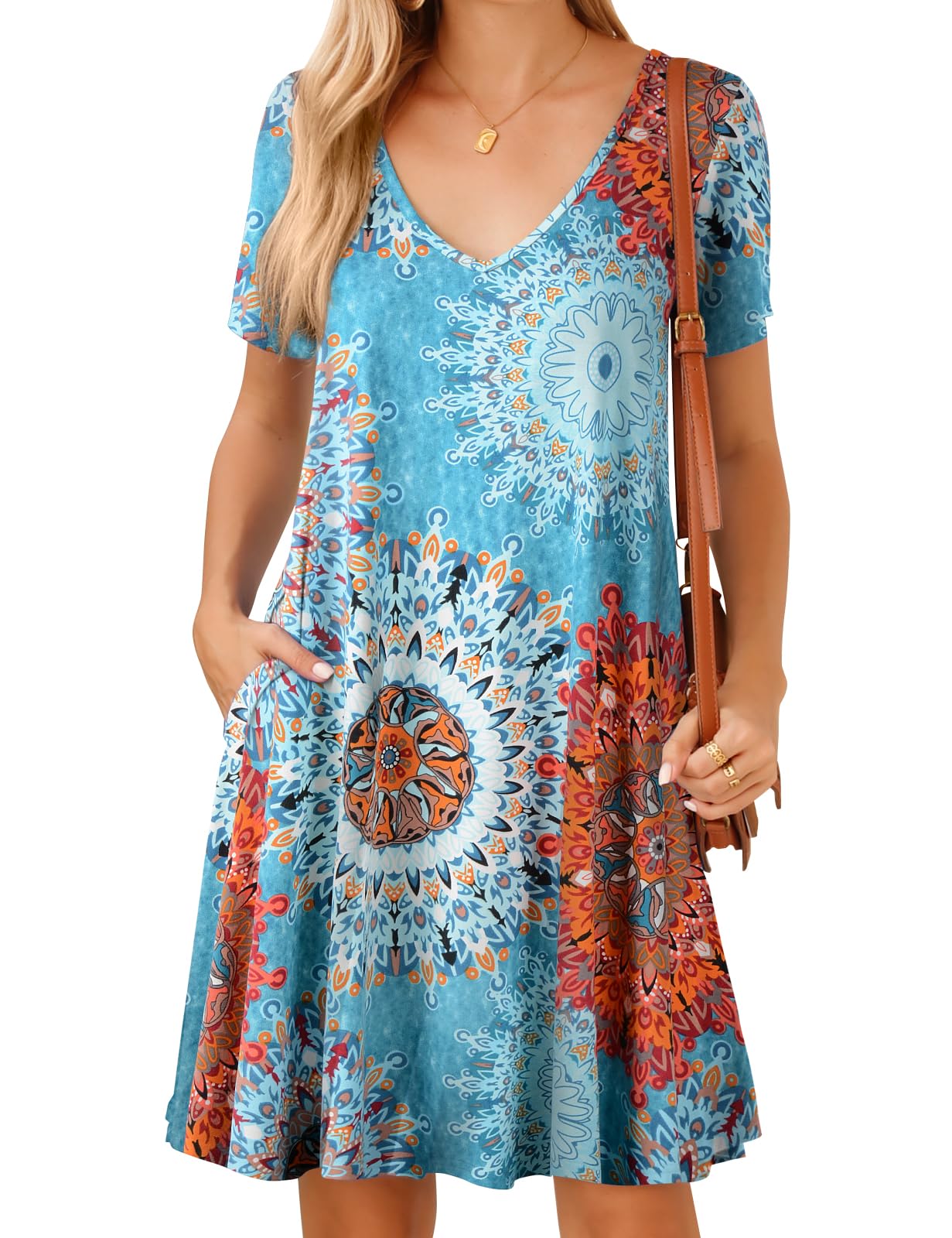 JollieLovin Women T Shirt Plus Size Summer Swing Dresses Short Sleeve V Neck Loose Casual Dress(L-5X)
