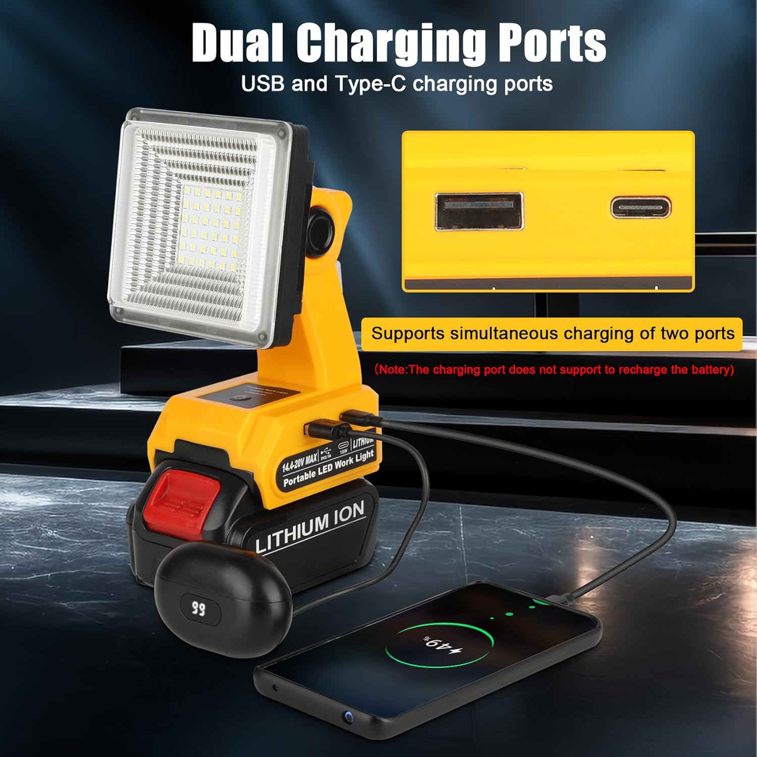 Work Light Compatible for Dewalt 20V Battery, Portable Flood Light 25W 1500 Lumens, Suitable for Workshops and Outdoors, Cordless Jobsite Flashlight with USB Type-C Charging Port