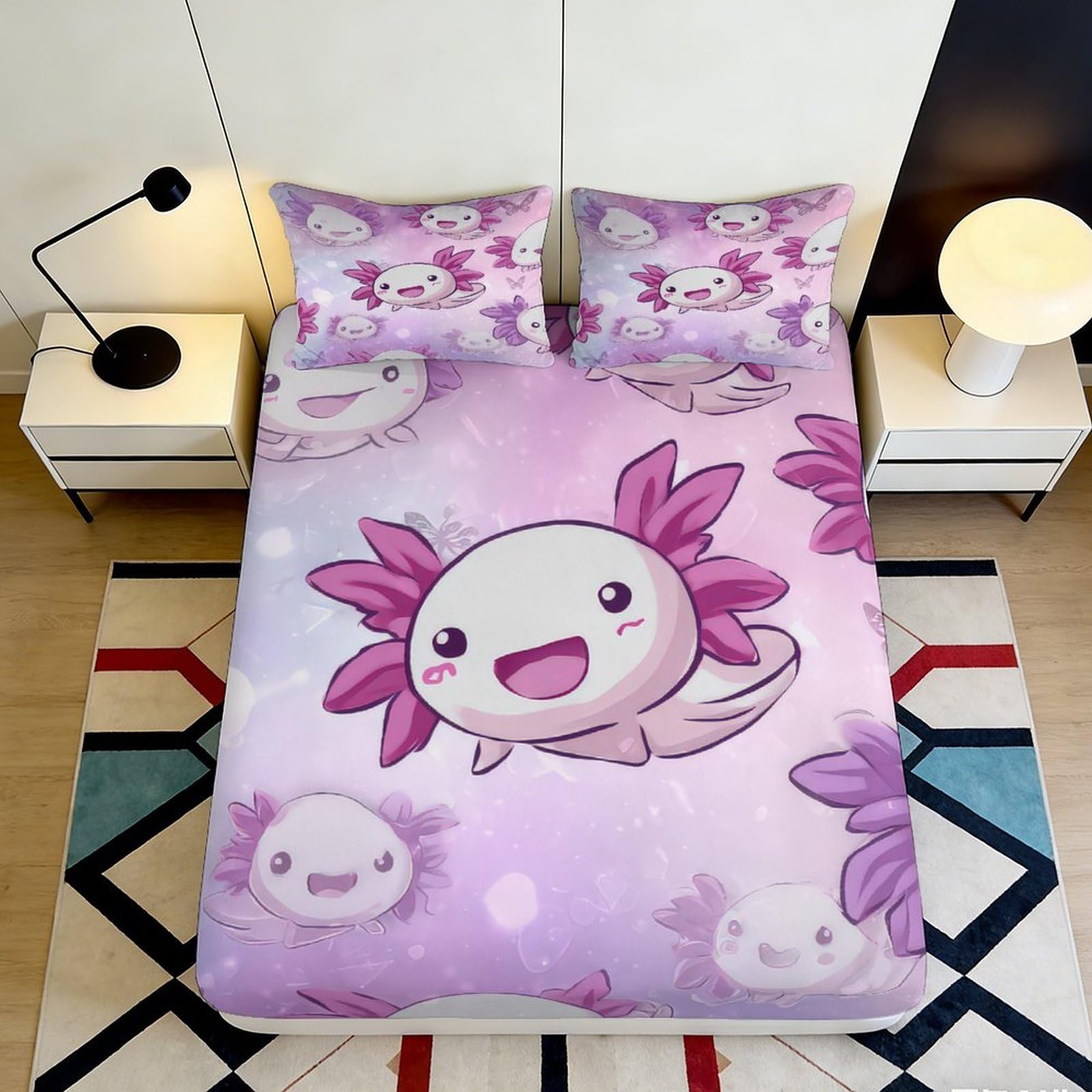 Dhbaneiok Style-1 3D Printed Pink Axolotl Fitted Sheet Microfiber Soft Anti-Slip Cute Cartoon Bed Cover For Bedroom Dorm Decor 90X200x25cm