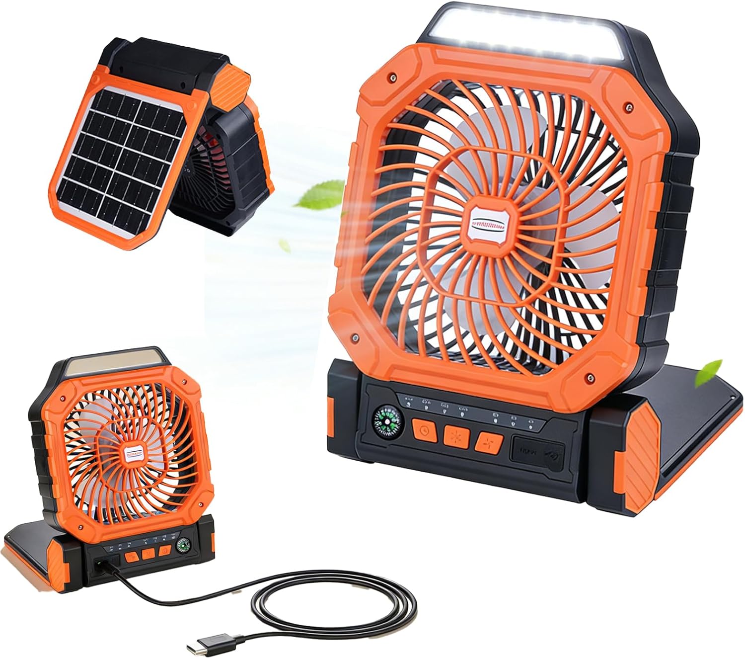 Solar Fan, Ventilador Recargable, Camping Fan, With 2 Charging Modes, 4-Speed Wind & 3-Gen Led Light, Portable Rechargeable Ventilador Recargable For Outdoor Travel & Home(Orange)