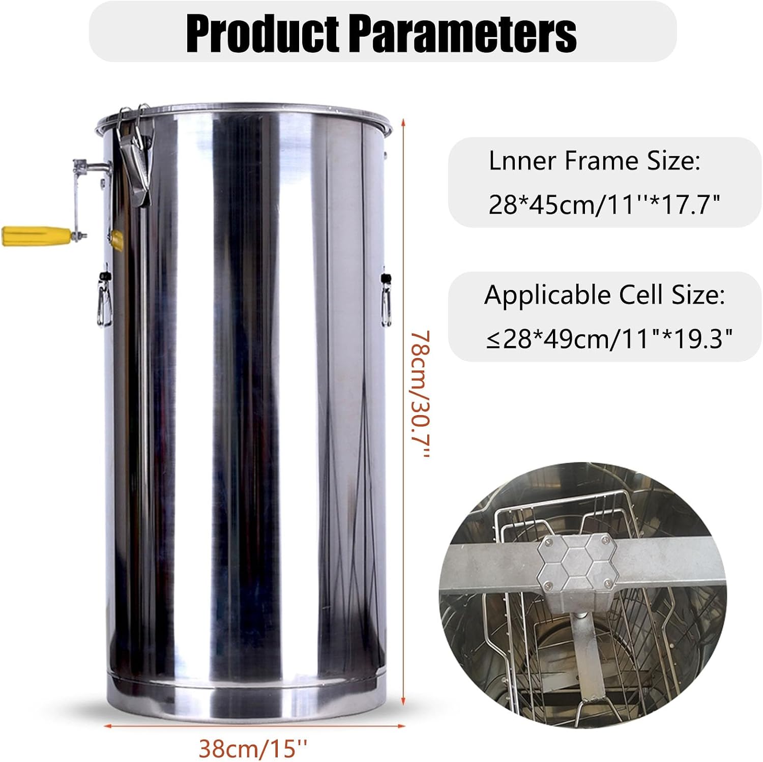 Manual Honey Extractor 2 Frames, 304 Stainless Steel Enlarging The Inner Frame Honey Centrifuge Extractor, with Double Beam Design, for Apiaries and Family Use,2 Frame